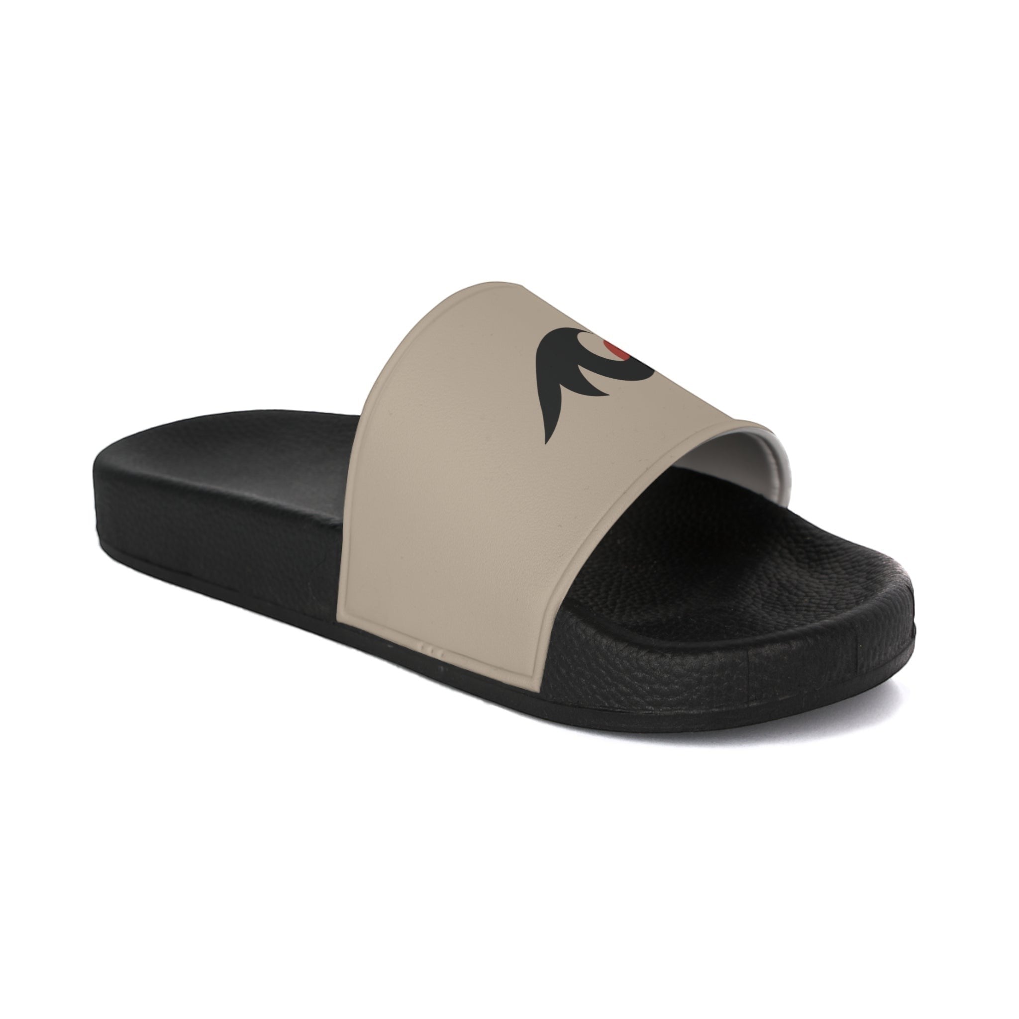 Redcastaway beige and black PVC foam slides with embossed insole and printed logo. Comfortable, quick-drying, and easy to clean.