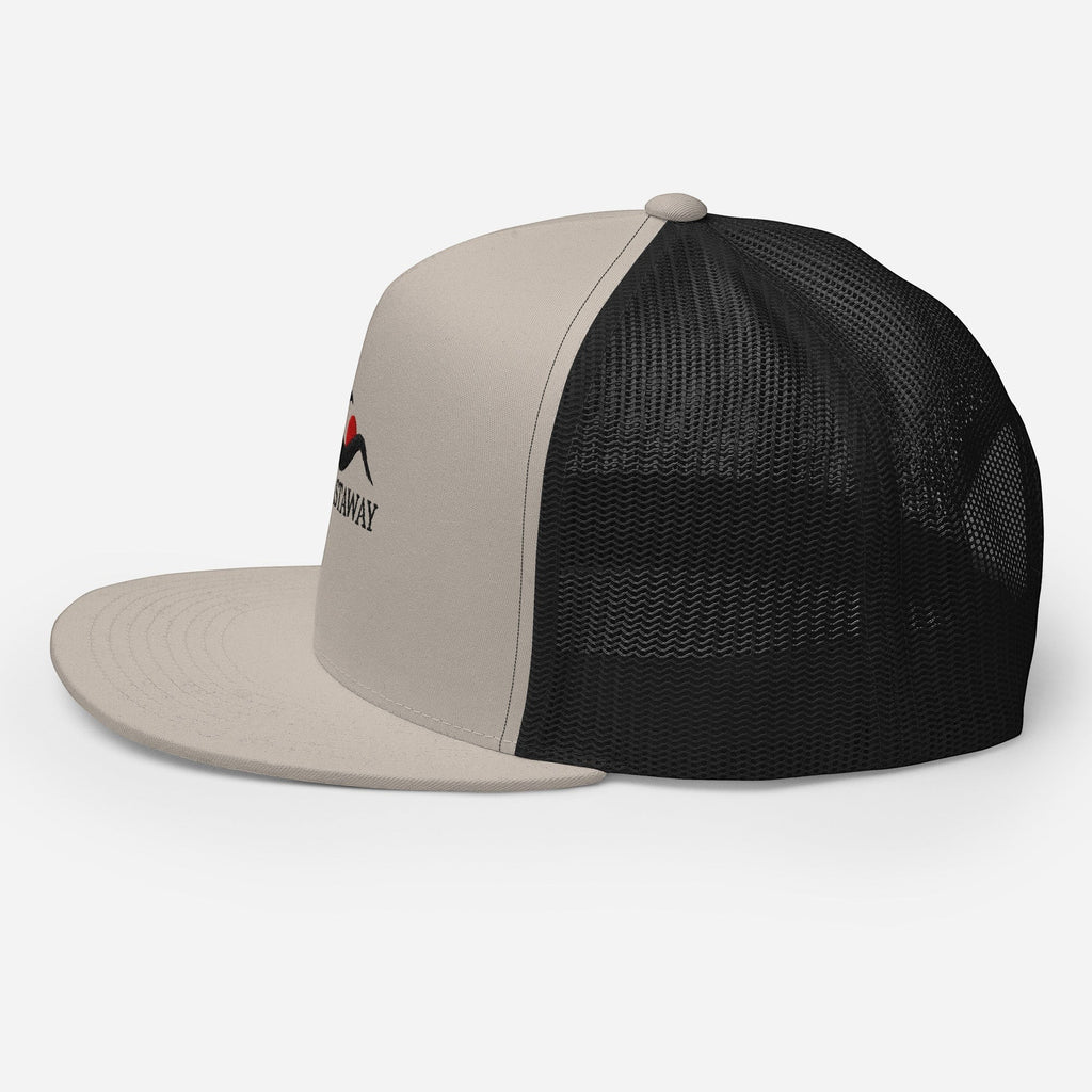 Redcastaway trucker cap in beige and black with flat bill and snapback closure. Cotton, nylon, polyester blend.