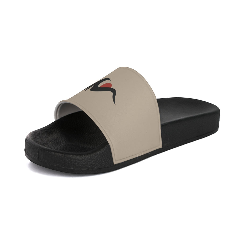 Redcastaway beige slides with black sole and strap featuring a black and red logo. Comfortable, lightweight PVC foam.