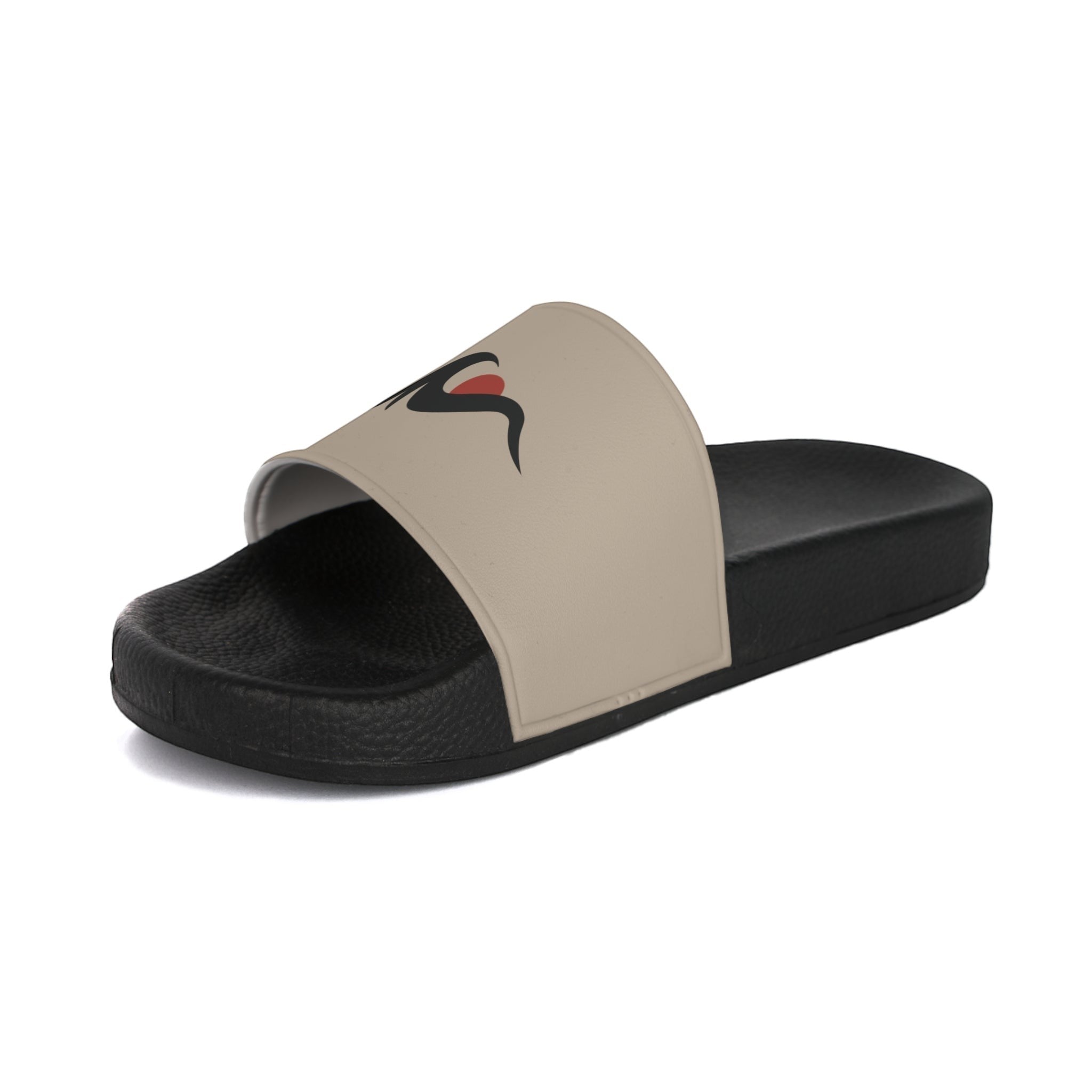 Redcastaway beige slides with black sole and strap featuring a black and red logo. Comfortable, lightweight PVC foam.