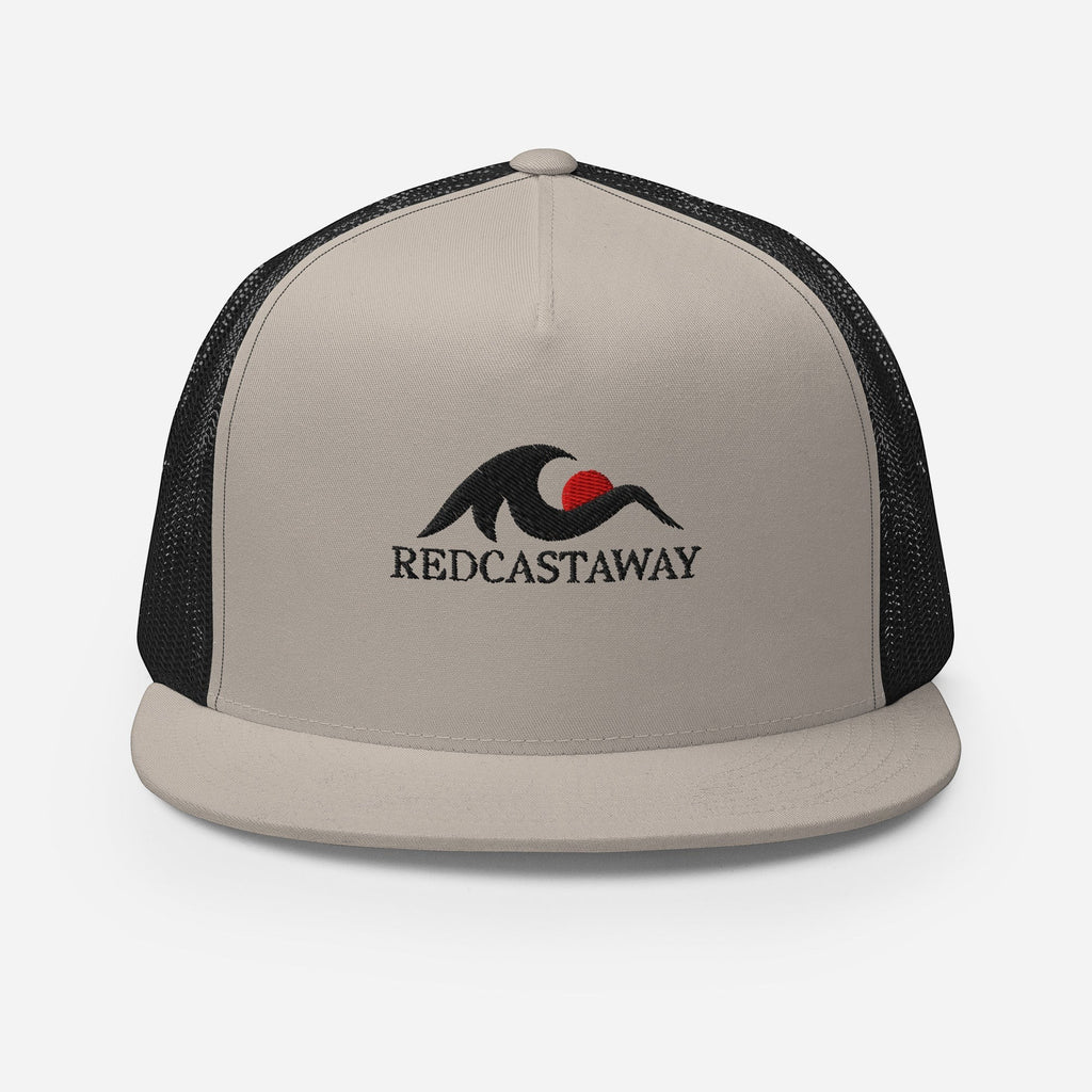 Redcastaway trucker cap in beige with black mesh back, flat bill, and embroidered wave logo with red sun. Cotton blend.