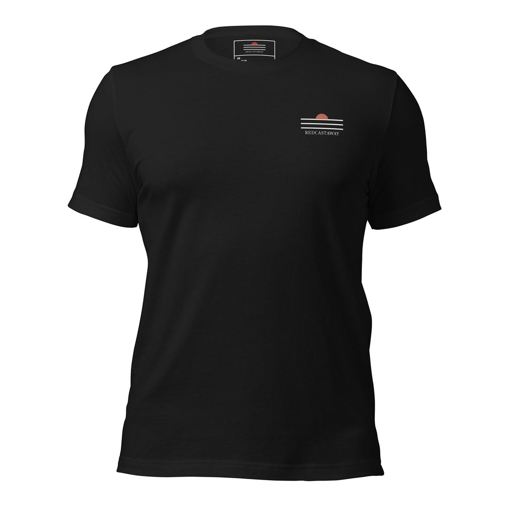 Redcastaway black 100% cotton classic tee with minimalist sunset graphic and logo on chest.