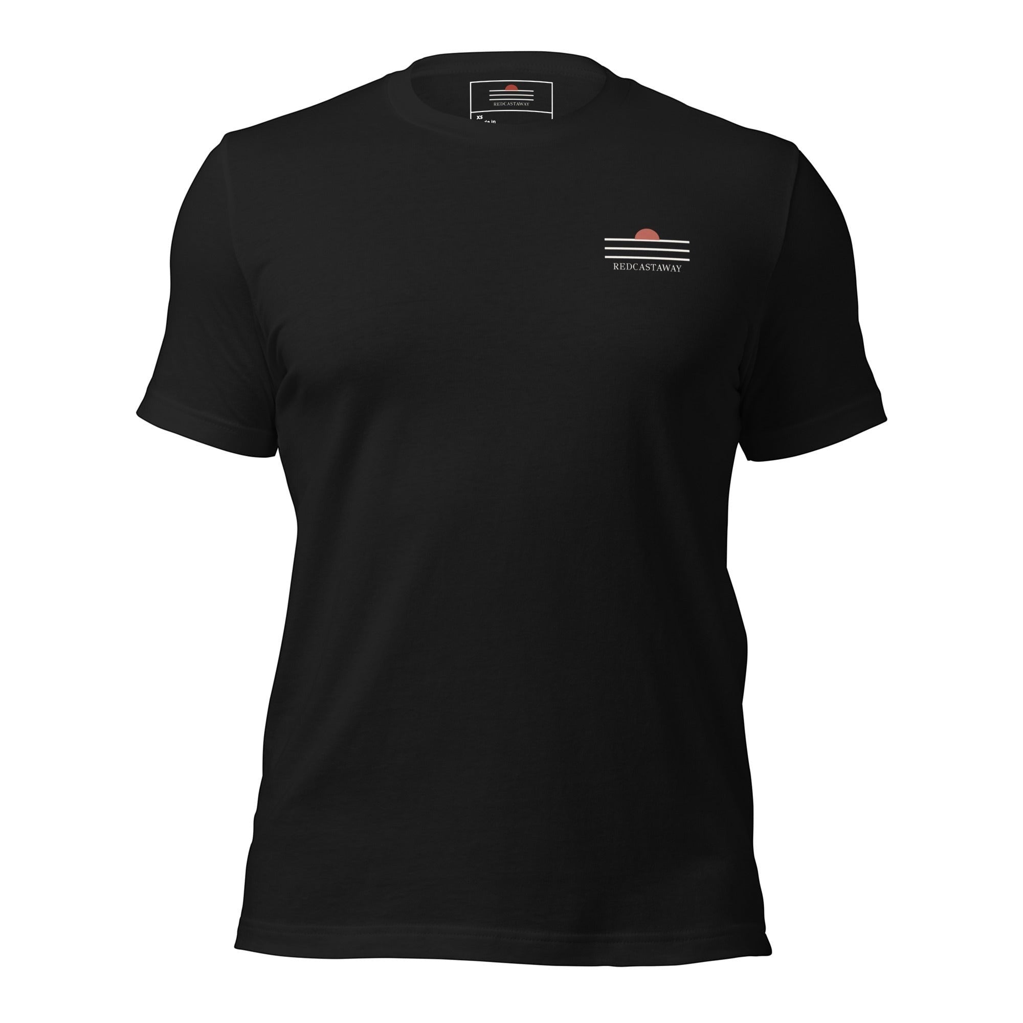 Redcastaway black 100% cotton classic tee with minimalist sunset graphic and logo on chest.