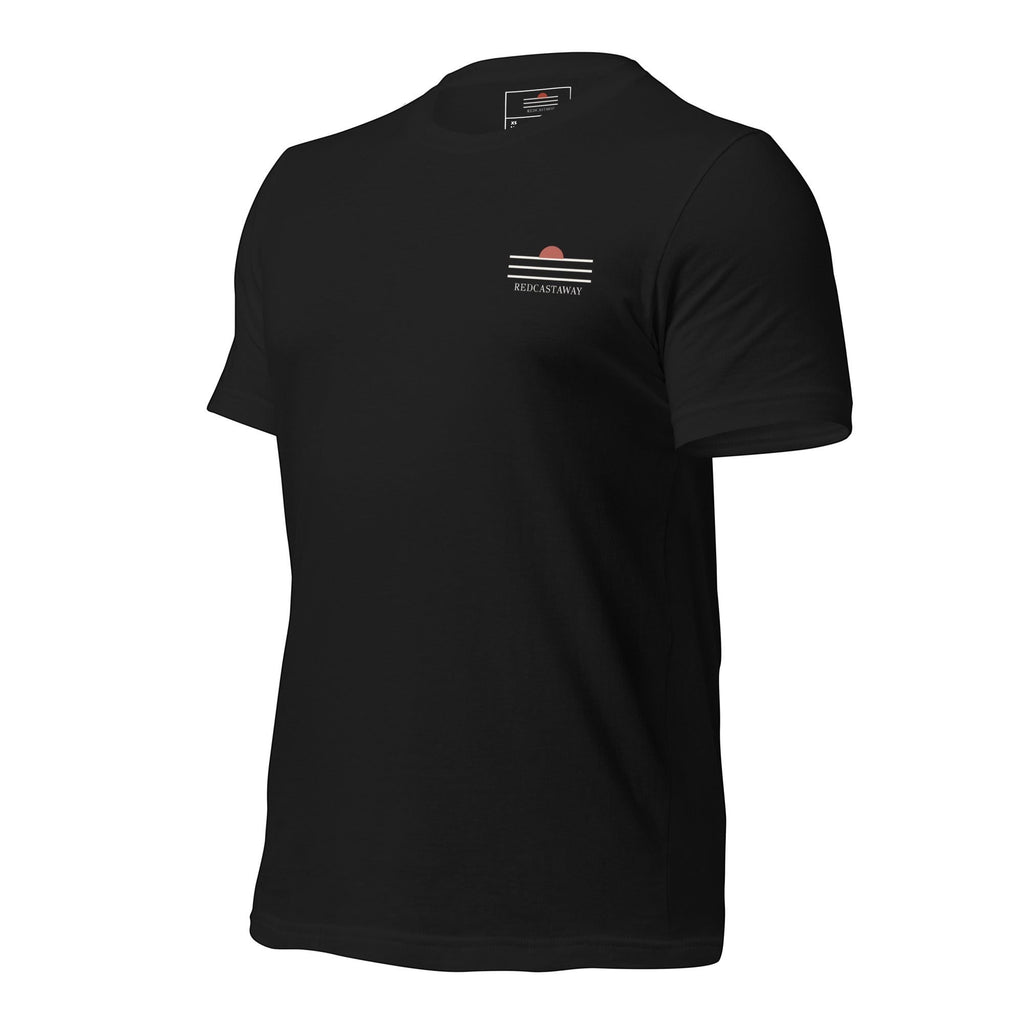 Redcastaway™ black 100% cotton classic fit t-shirt with minimalist sunset graphic on chest.