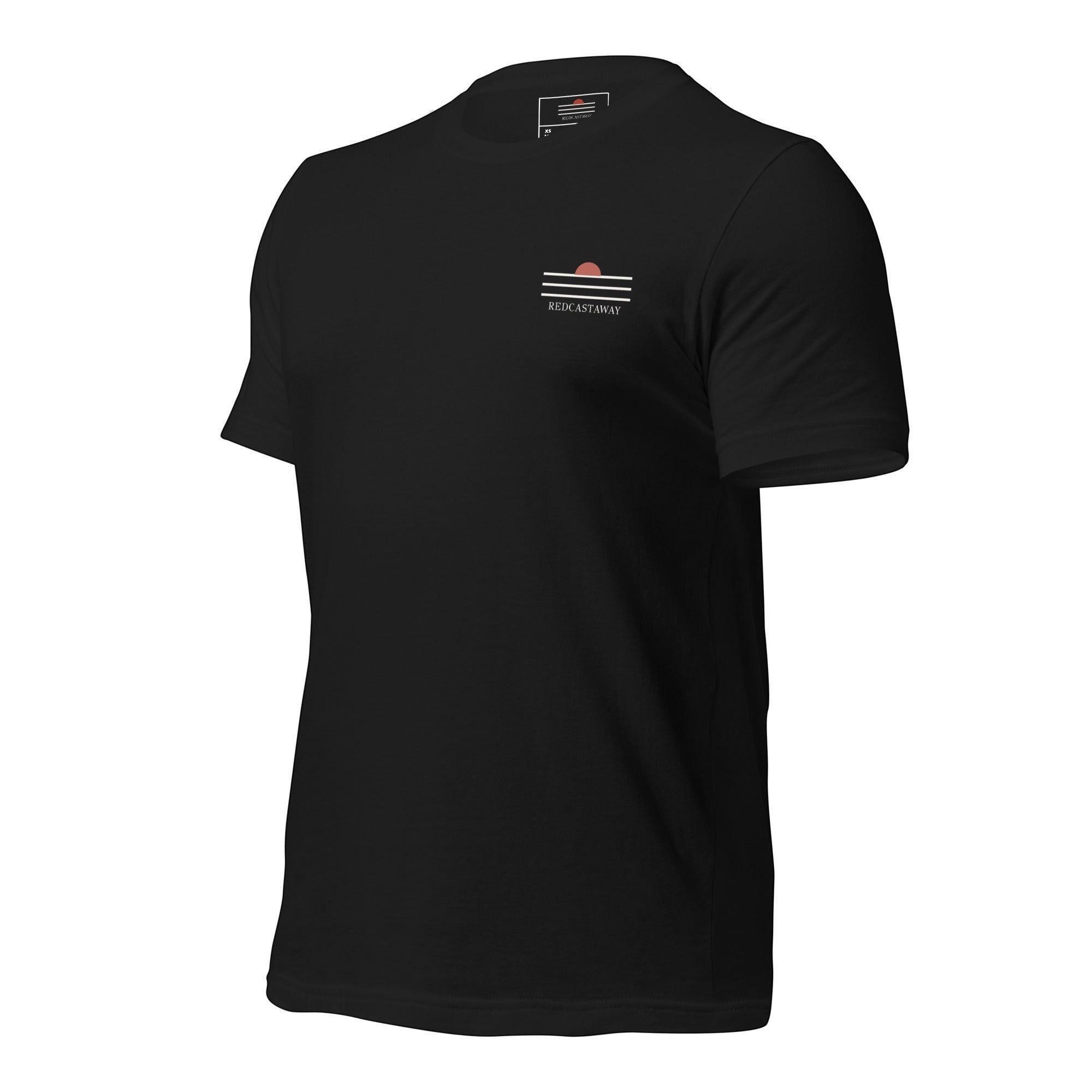 Redcastaway™ black 100% cotton classic fit t-shirt with minimalist sunset graphic on chest.
