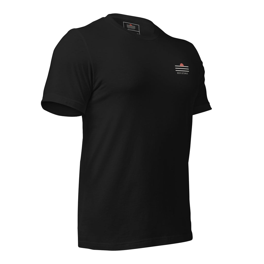 Redcastaway black 100% cotton classic fit t-shirt with subtle sunset logo on chest.