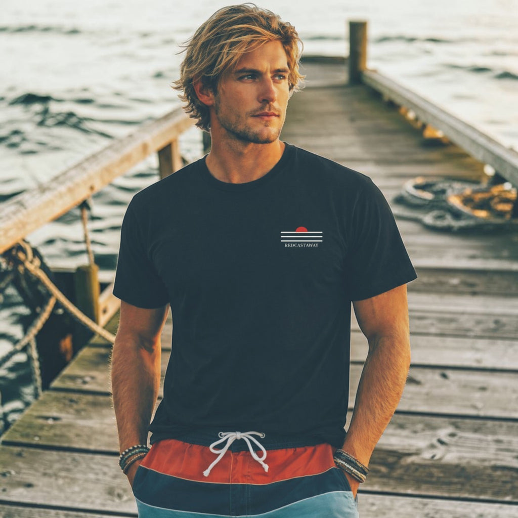 Redcastaway™ black 100% cotton classic fit t-shirt with embroidered logo on chest. Men's casual tee.