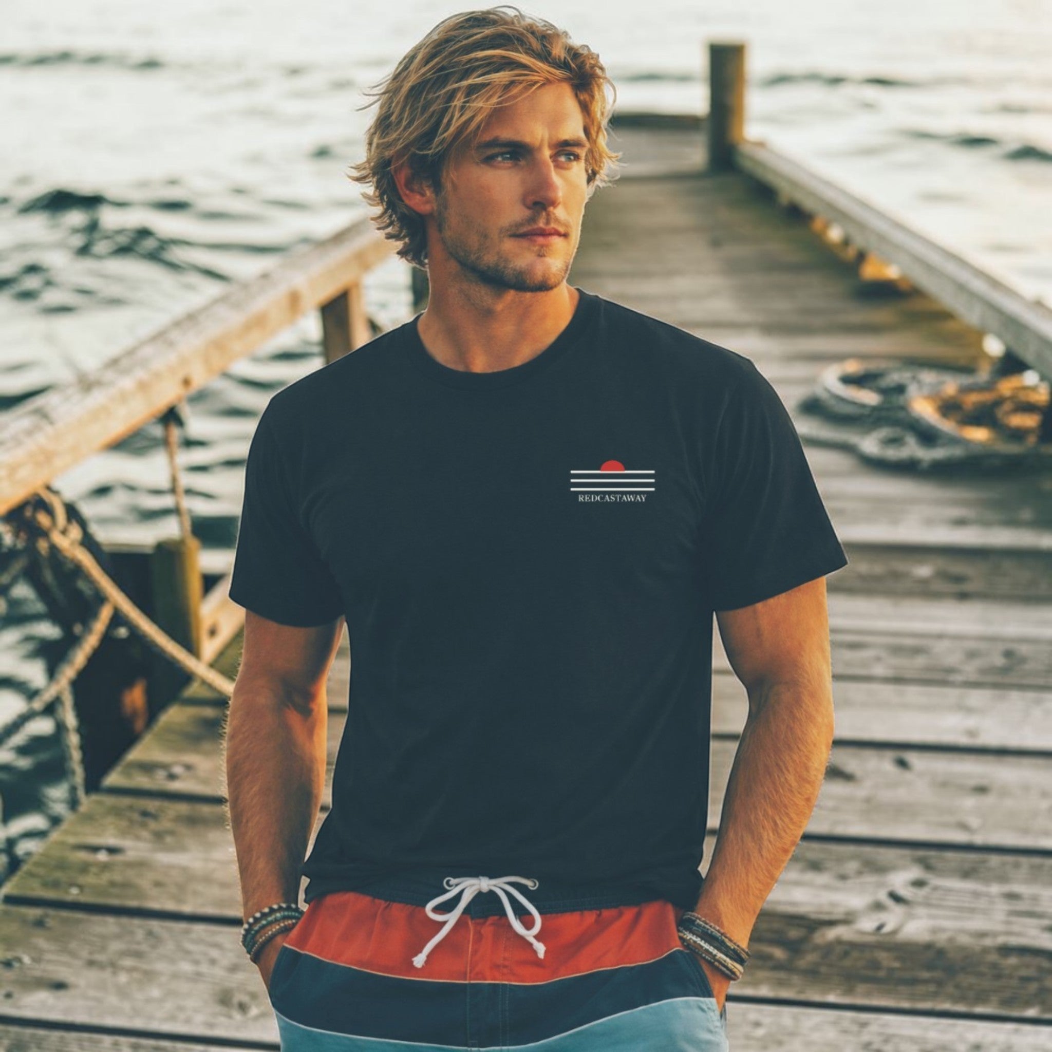 Redcastaway™ black 100% cotton classic fit t-shirt with embroidered logo on chest. Men's casual tee.
