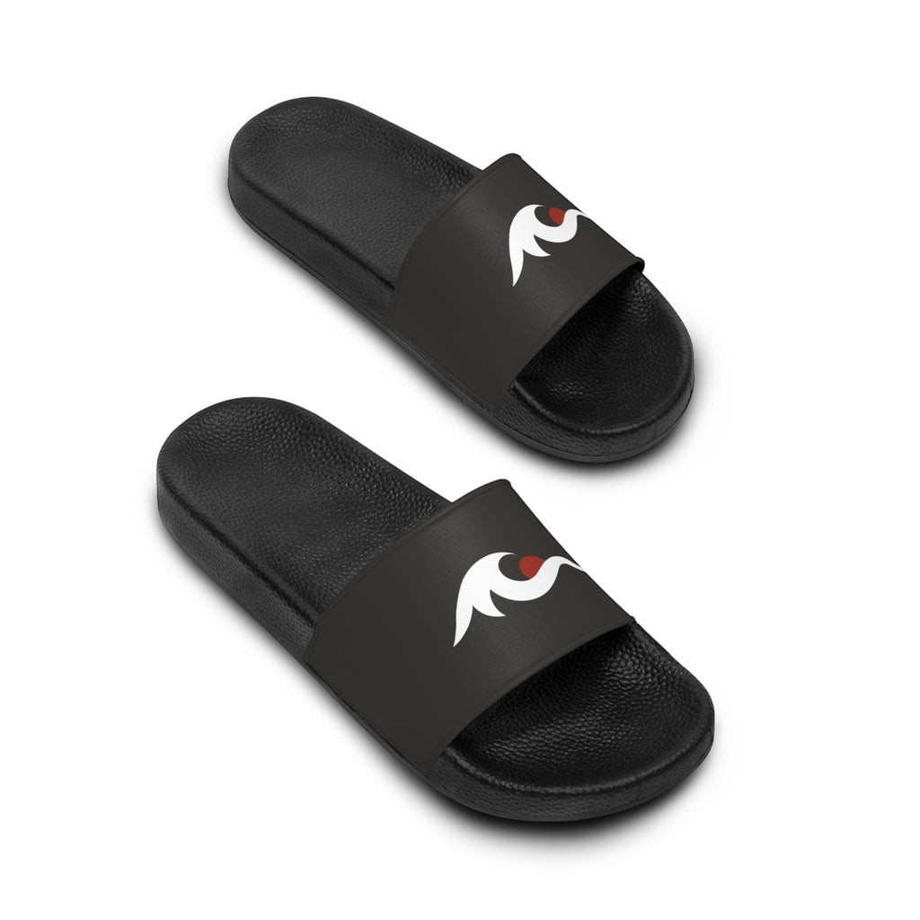 Redcastaway black PVC foam slides with white and red logo on strap. Comfortable, quick-drying, and easy-to-clean.