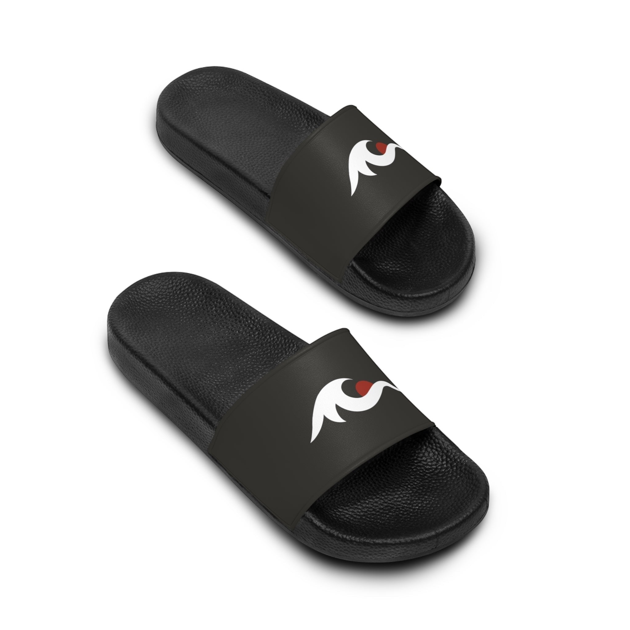 Redcastaway black PVC foam slides with white and red logo on strap. Comfortable, quick-drying, and easy-to-clean.