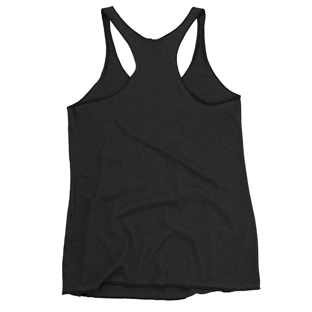 Redcastaway Women's black racerback tank top with raw edge seams, made from a polyester, cotton, and rayon blend.