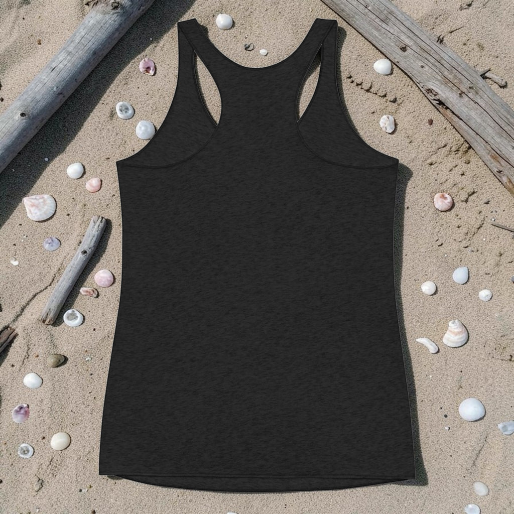 Redcastaway women's black racerback tank top made from a polyester, cotton, and rayon blend with raw edge seams.