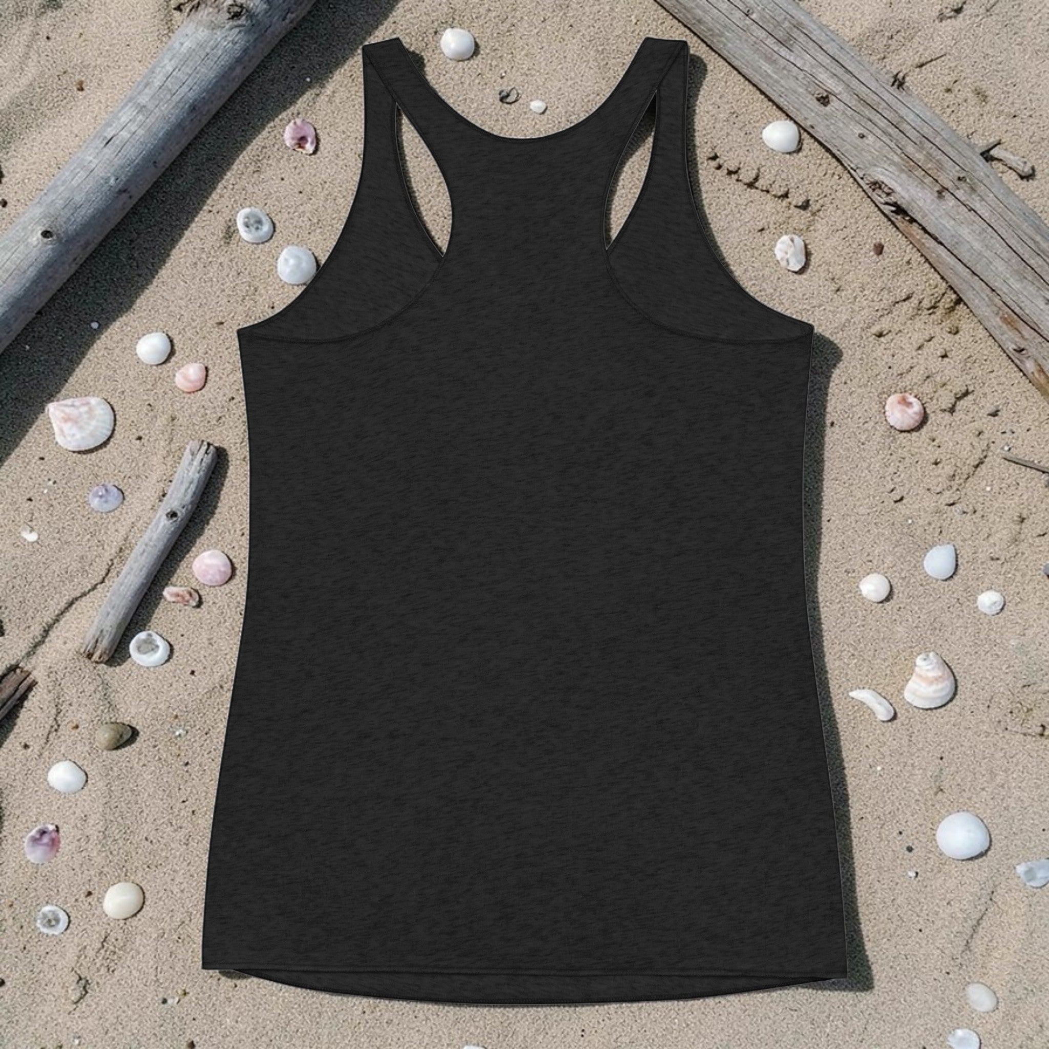 Redcastaway women's black racerback tank top made from a polyester, cotton, and rayon blend with raw edge seams.