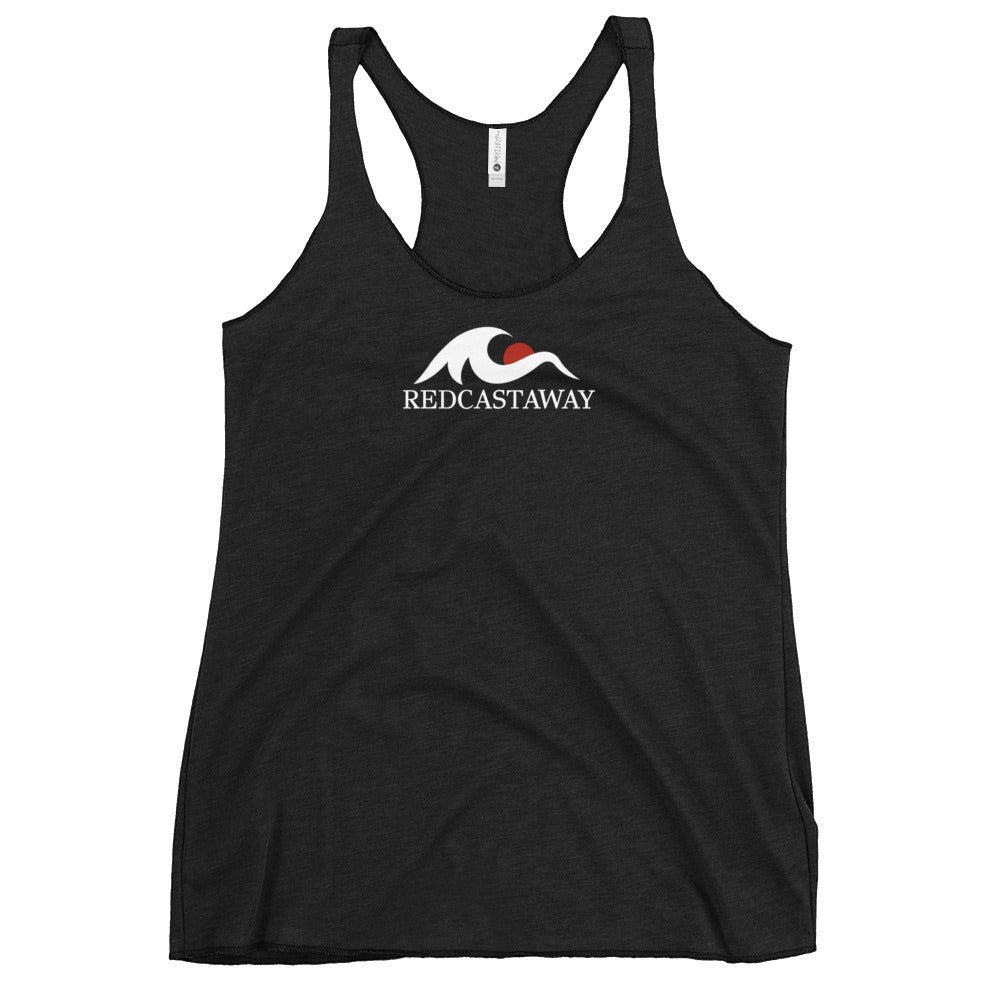 Redcastaway Women's black racerback tank top with raw edge seams and a white wave logo with a red sun.
