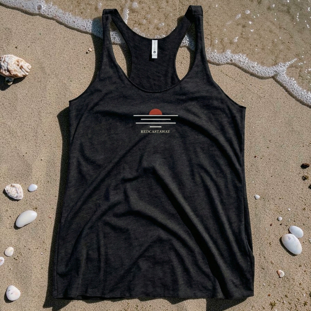 Redcastaway women's black racerback tank top with a minimalist sunset graphic and raw edge seams. Made from a polyester, cotton, and rayon blend.