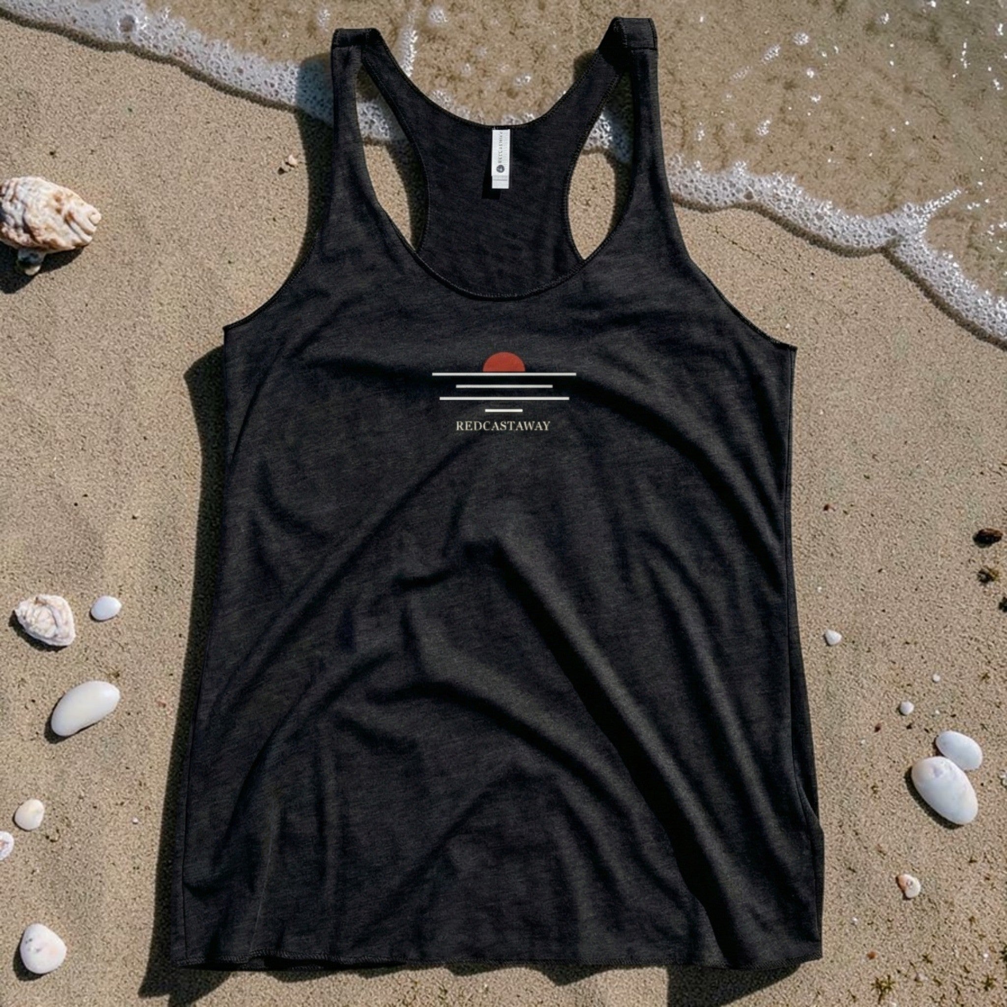 Redcastaway women's black racerback tank top with a minimalist sunset graphic and raw edge seams. Made from a polyester, cotton, and rayon blend.