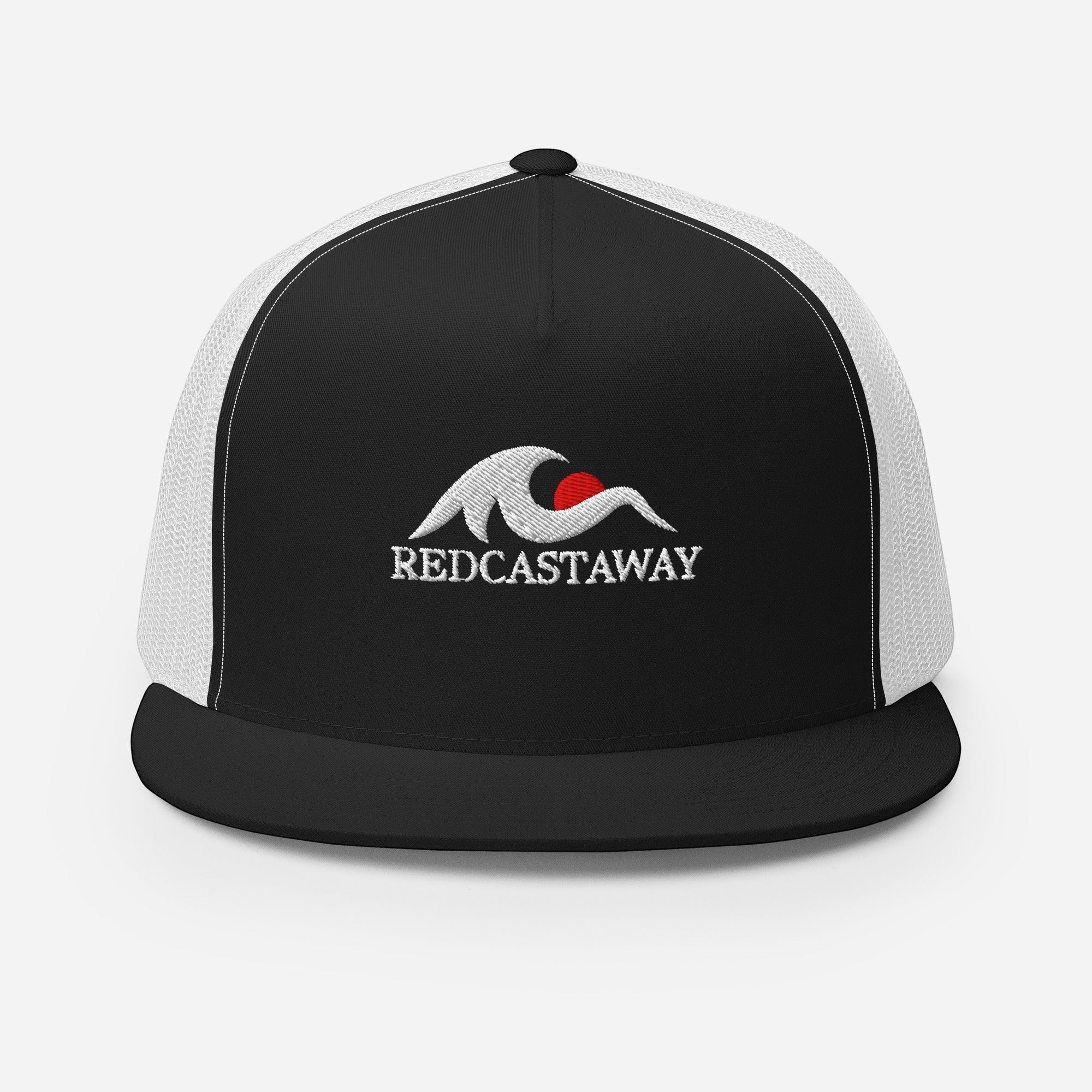 Redcastaway black trucker cap with white mesh back and embroidered wave logo with red sun. Flat bill, snapback closure.
