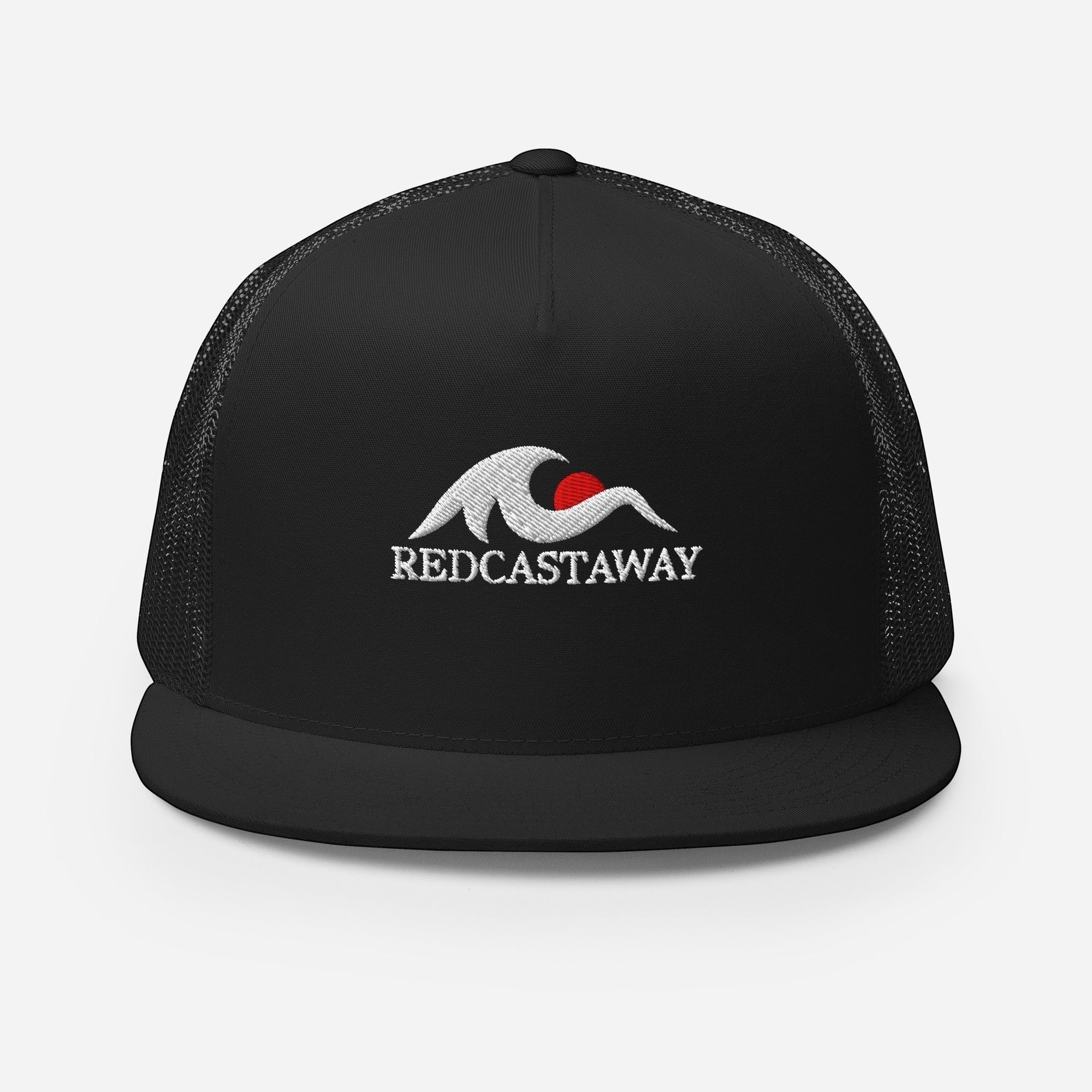 Redcastaway black trucker cap with embroidered wave and sun logo. Features mesh back and flat bill.