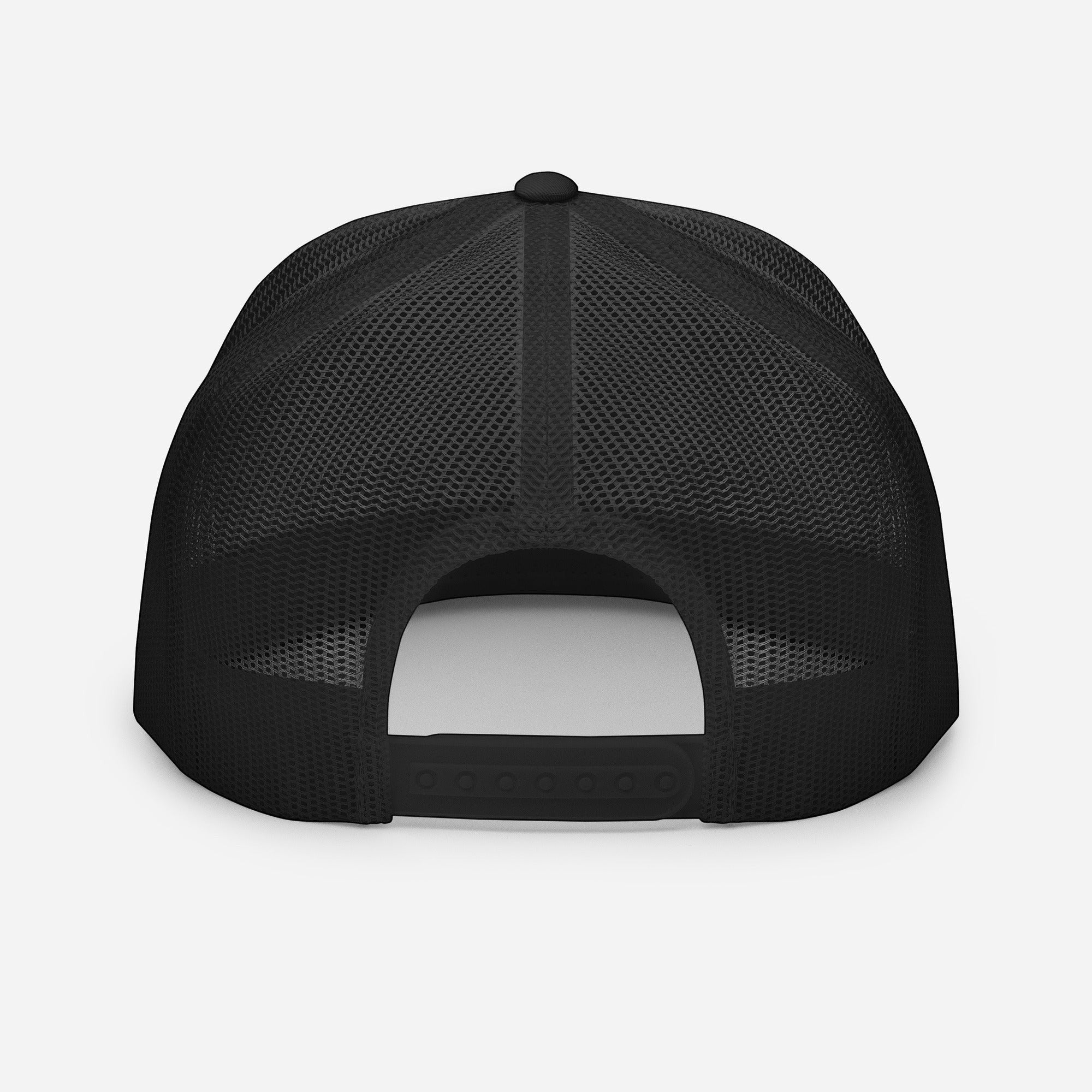 Redcastaway black trucker cap with mesh back and snapback closure. Cotton, nylon, polyester blend.