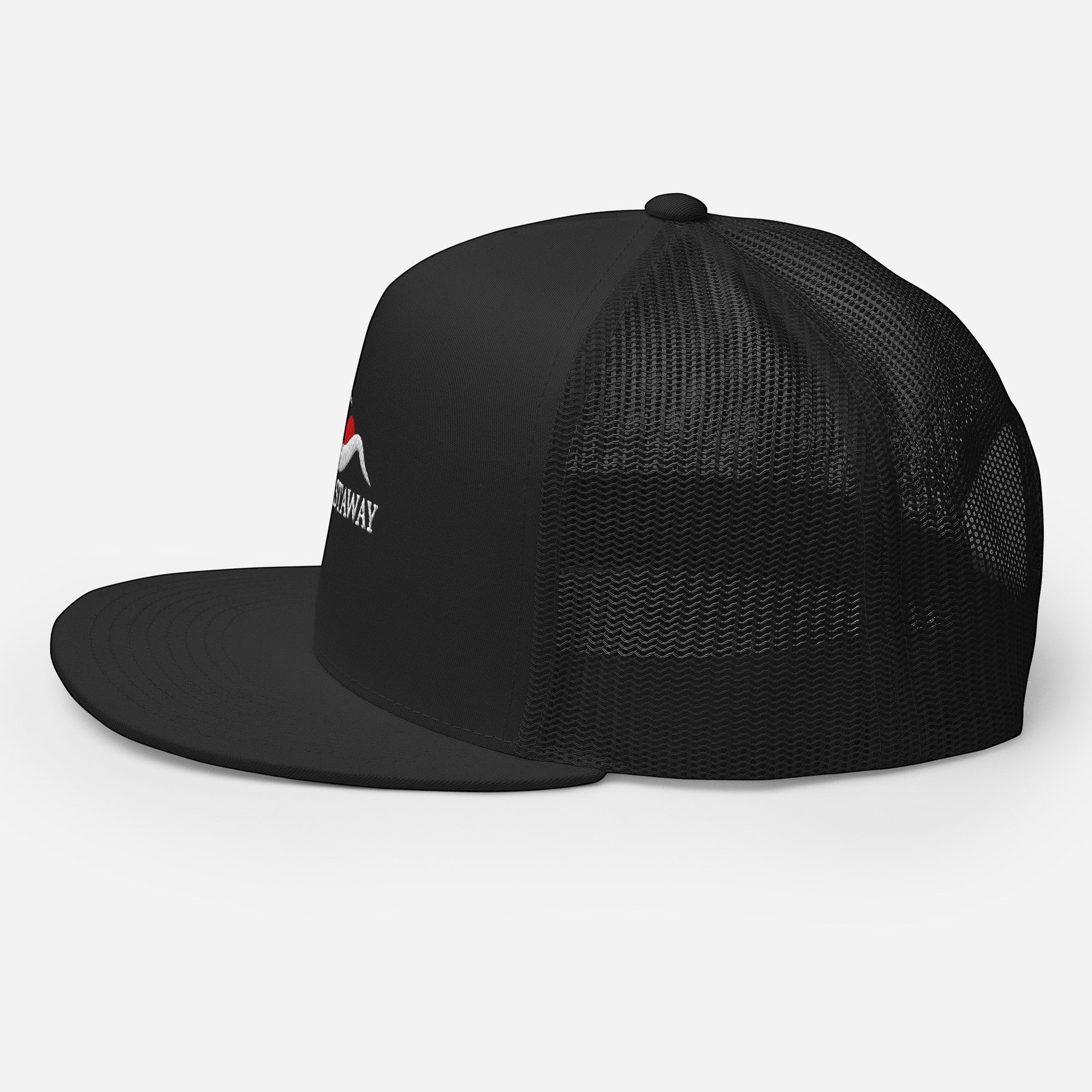 Redcastaway black trucker cap with flat bill and mesh back. Features embroidered logo on front. Cotton, nylon, polyester blend with snapback closure.