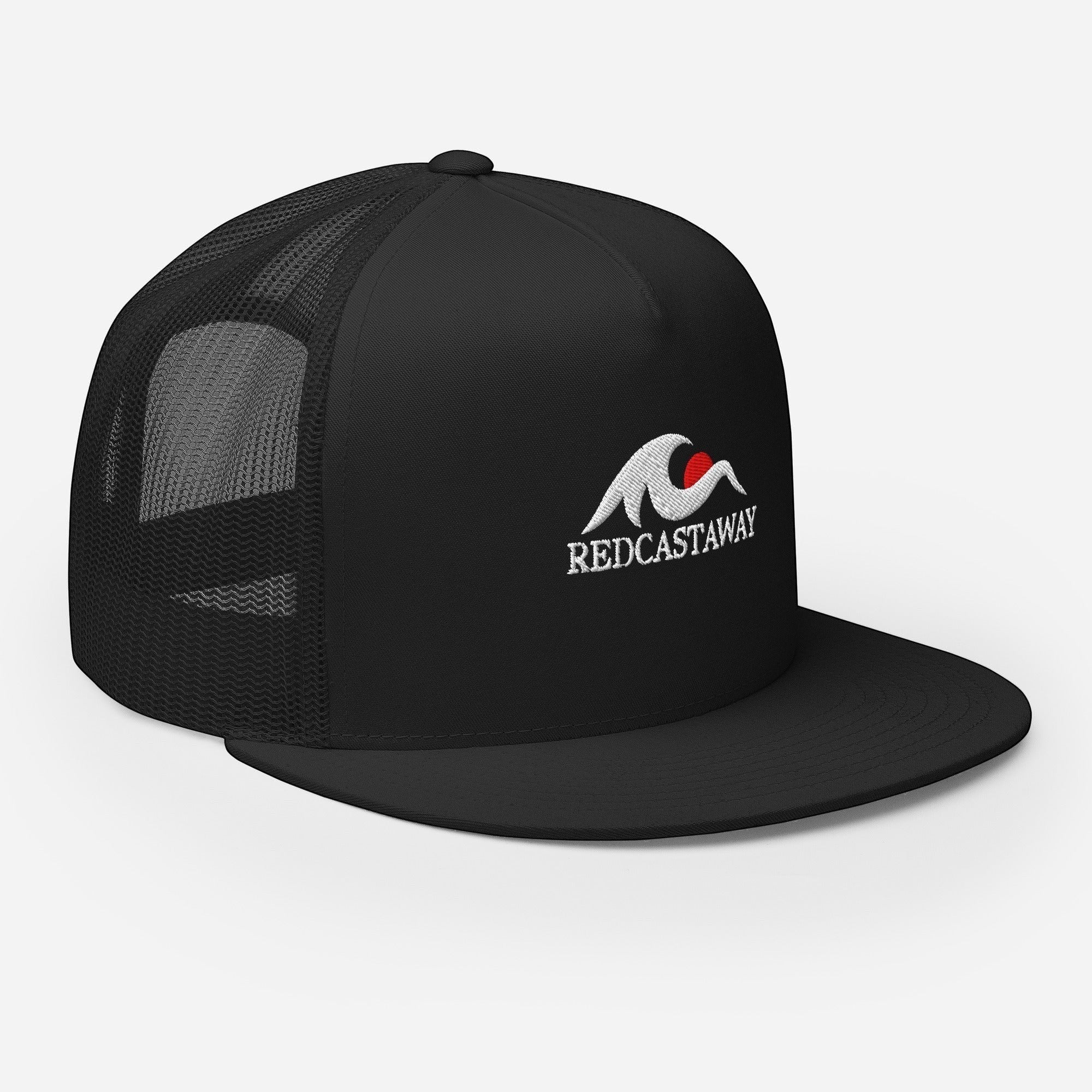 Redcastaway black trucker cap with embroidered logo and flat bill. Made from cotton, nylon, and polyester with a snapback closure.