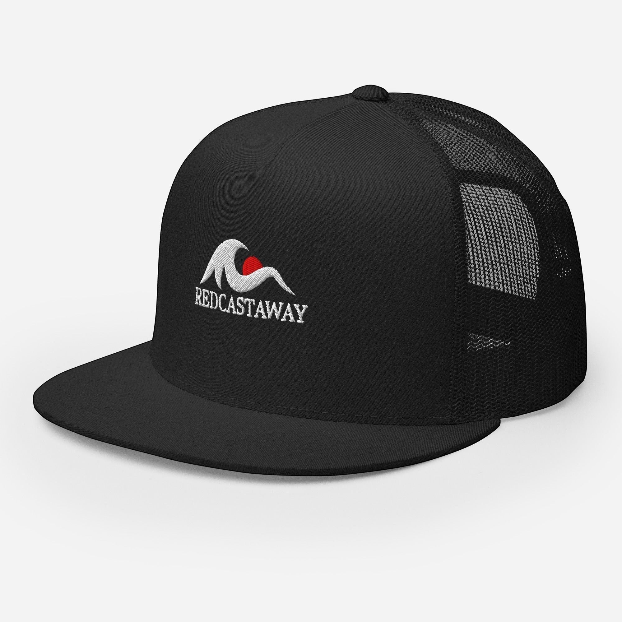Redcastaway black trucker cap with embroidered logo and mesh back. Cotton, nylon, polyester blend with snapback closure.