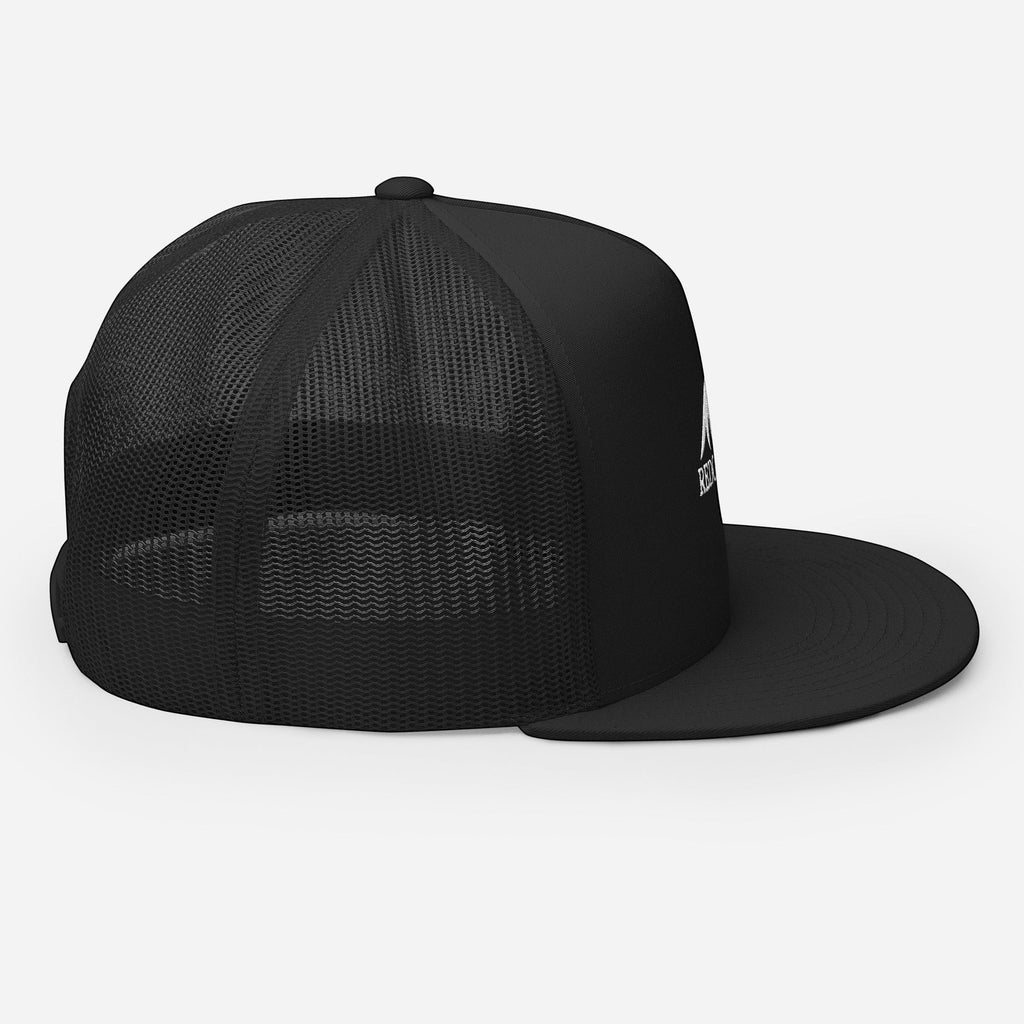 Redcastaway black trucker cap with mesh back and flat bill. Features a white logo on the front.
