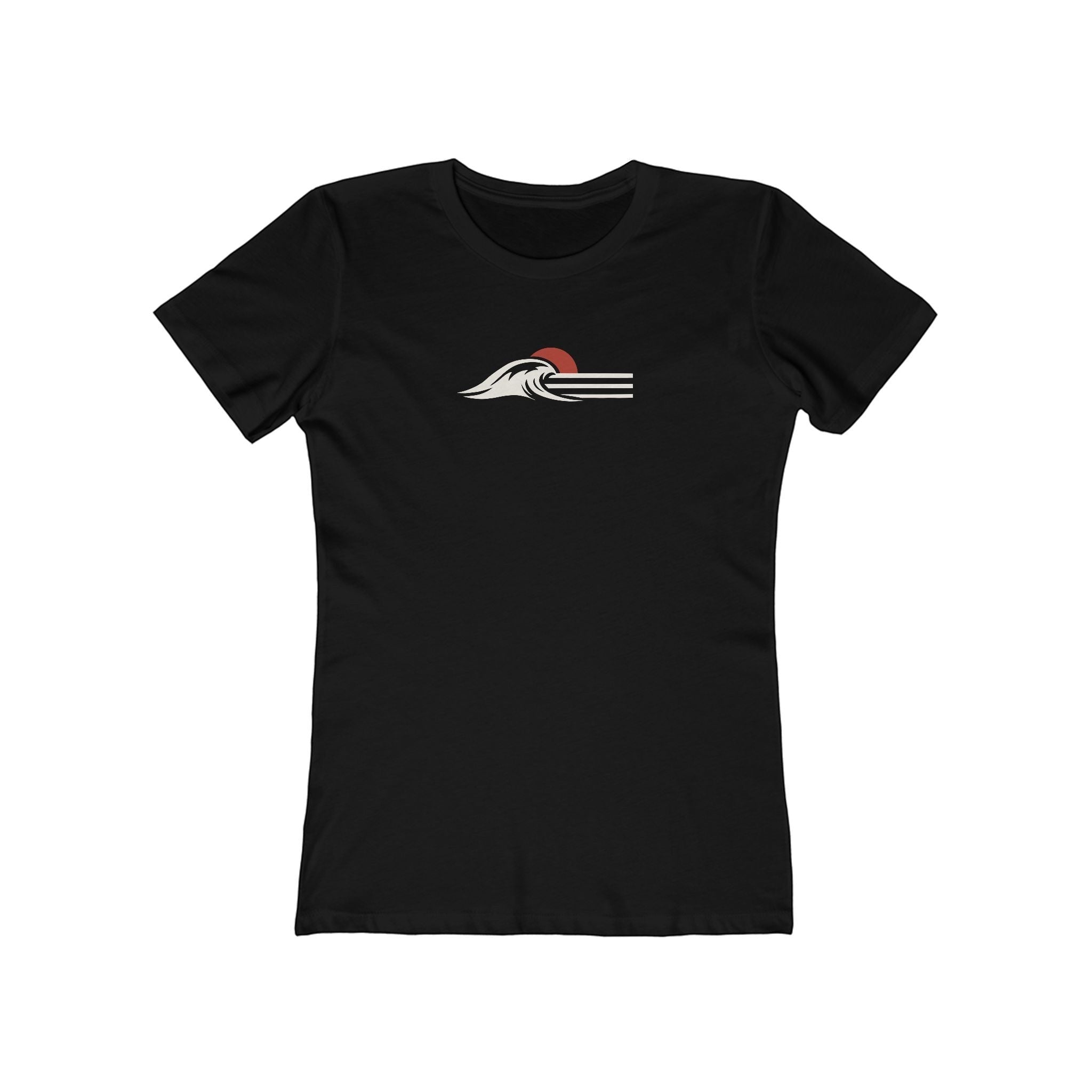 Redcastaway™ black 100% cotton tee with minimalist wave and sun graphic. Slim fit, crew neck, short sleeves.