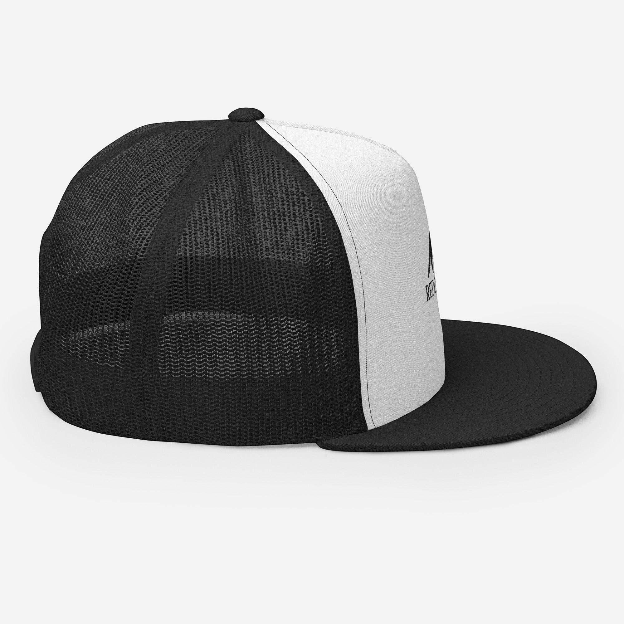 Redcastaway	radelack and white trucker cap with flat bill and snapback closure. Cotton, nylon, polyester blend.