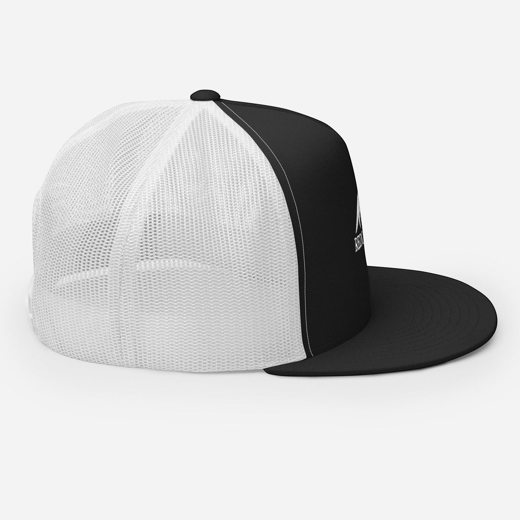 Redcastaway Drift Trucker Cap: black front panel with white logo, white mesh back, flat bill, snapback closure. Cotton, nylon, polyester blend.