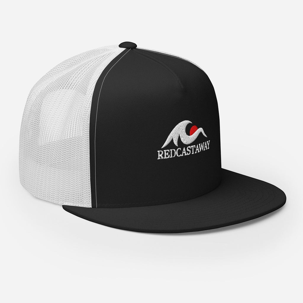 Redcastaway trucker cap with black front, white mesh back, flat bill, and embroidered logo. Cotton, nylon, polyester blend.