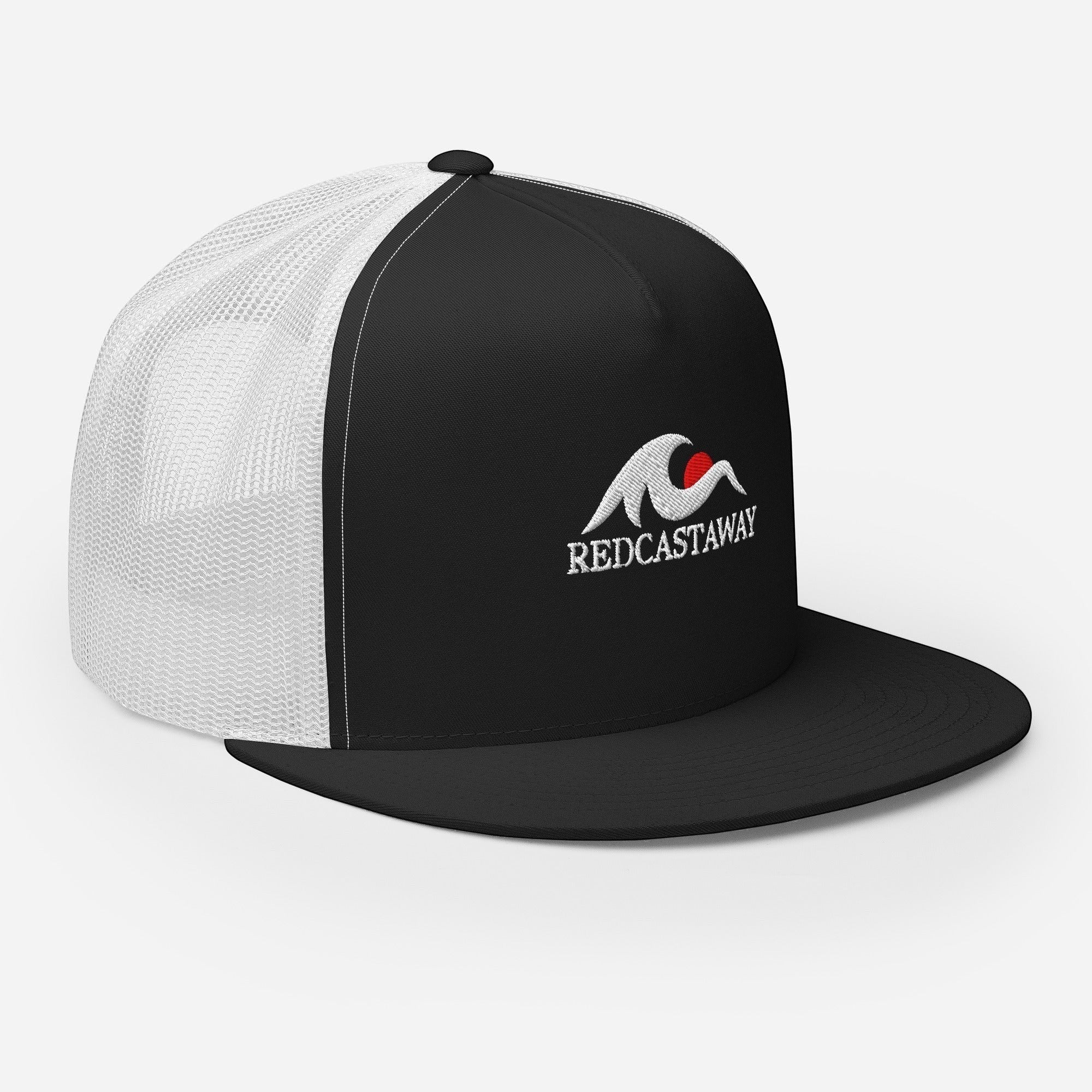 Redcastaway trucker cap with black front, white mesh back, flat bill, and embroidered logo. Cotton, nylon, polyester blend.