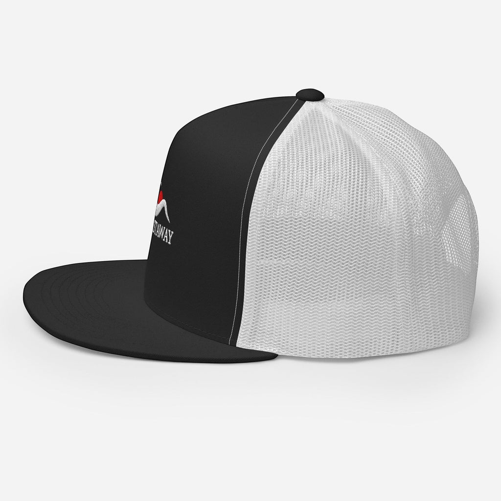 Redcastaway black and white trucker cap with flat bill and snapback closure. Features embroidered logo on front.