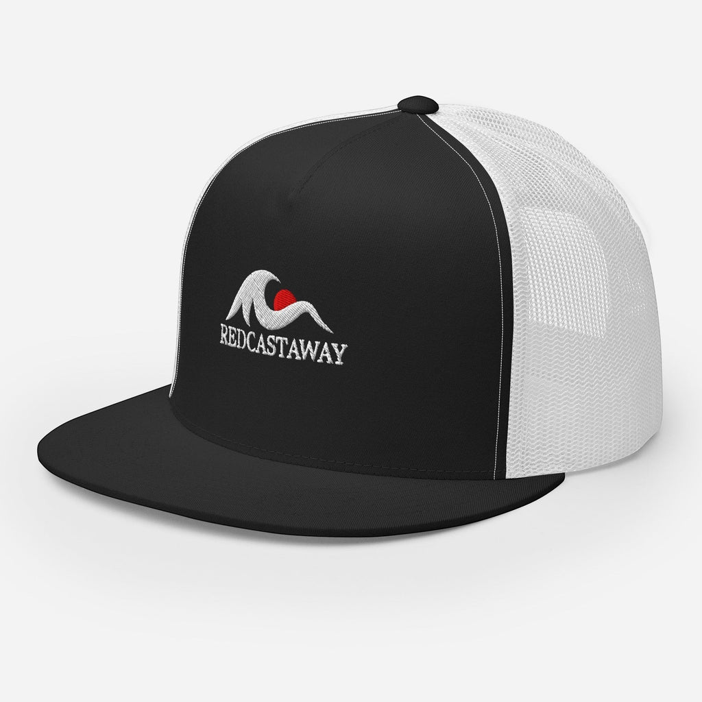 Redcastaway trucker cap with black front panel, white mesh back, and embroidered logo. Features a flat bill and snapback closure.