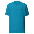 Redcastaway Horizon Wave unisex t-shirt in bright blue, made from 100% combed and ring-spun cotton with a minimalist sunset logo.