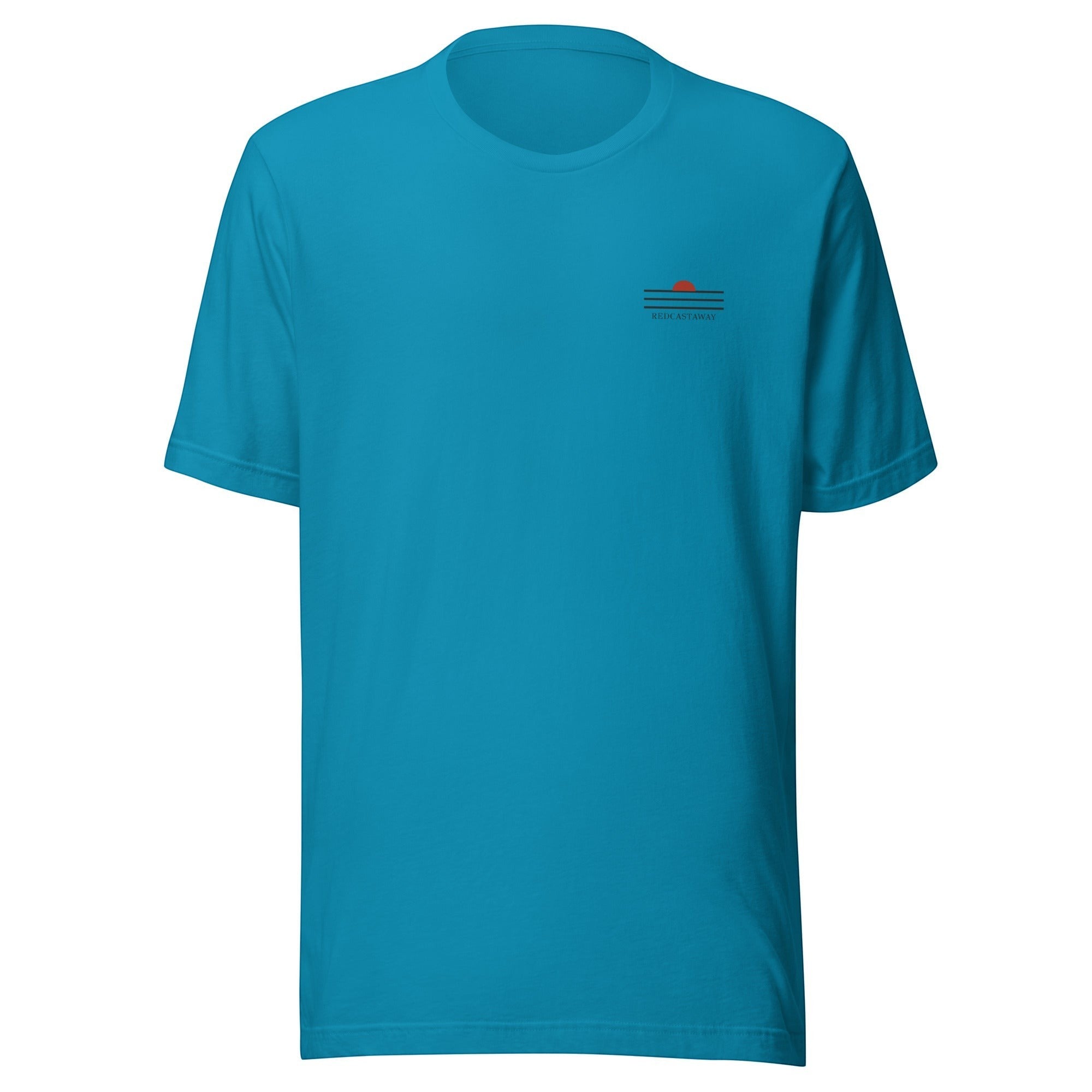 Redcastaway Horizon Wave unisex t-shirt in bright blue, made from 100% combed and ring-spun cotton with a minimalist sunset logo.