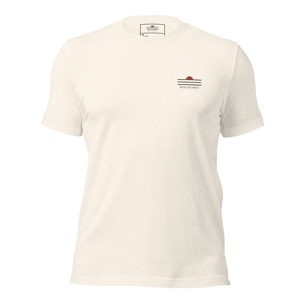 Redcastaway™ men's cream 100% cotton classic tee with a small embroidered sunset logo on the left chest.