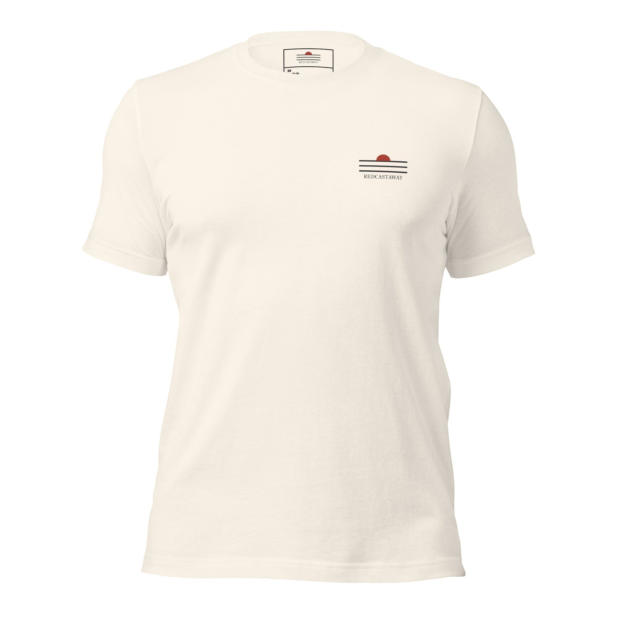 Redcastaway™ men's cream 100% cotton classic tee with a small embroidered sunset logo on the left chest.