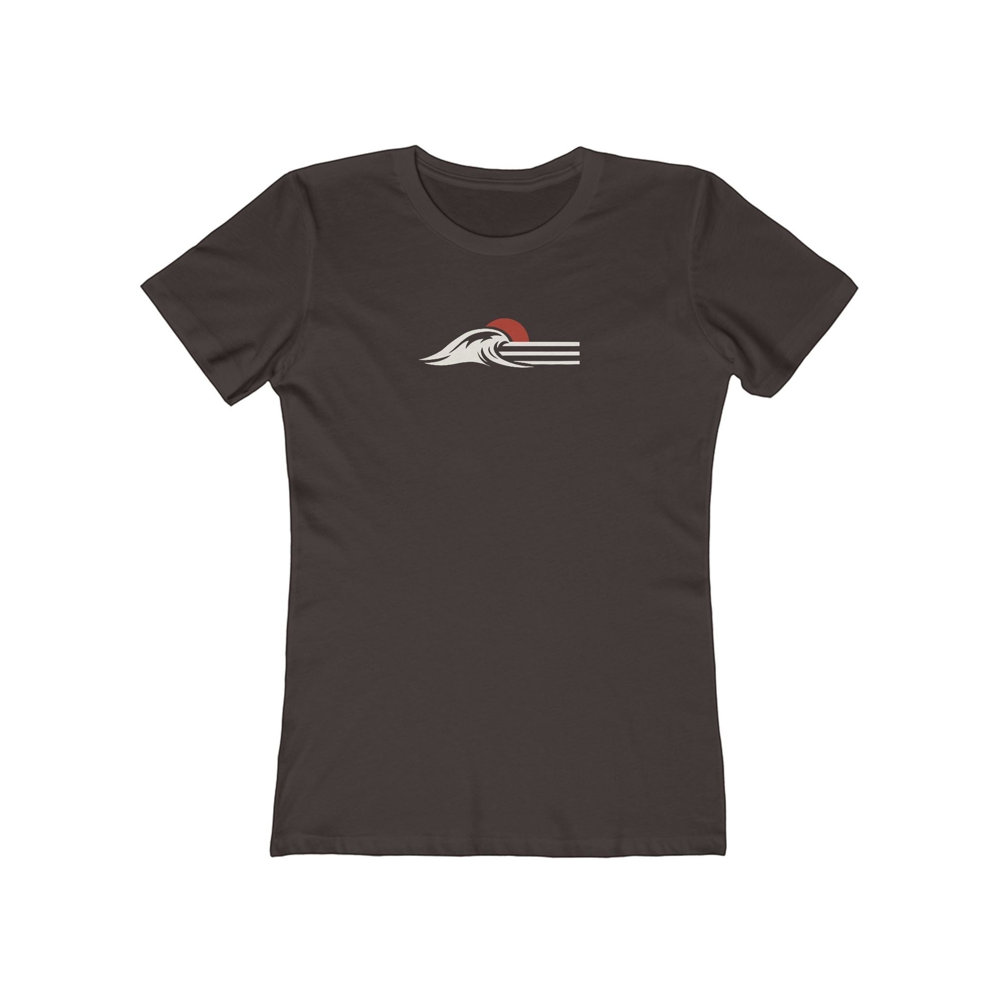 Redcastaway Women's Horizon Wave Tee in dark brown, 100% cotton, featuring a minimalist wave and sun graphic. Boyfriend fit.