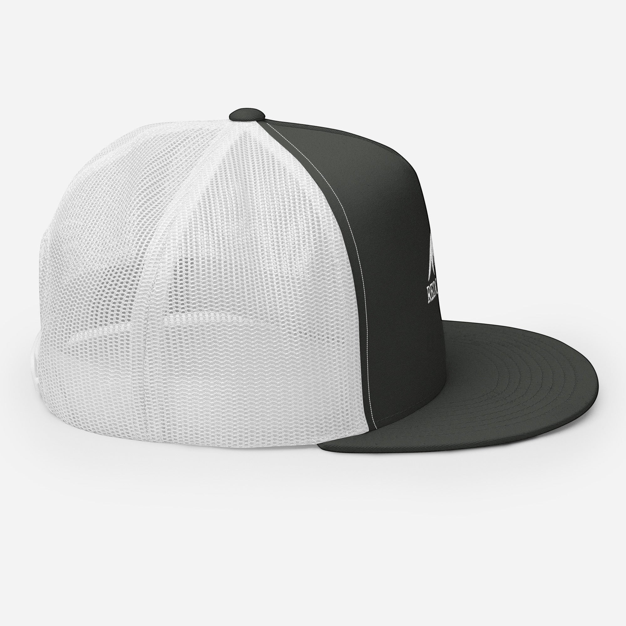 Redcastaway™ dark grey and white mesh trucker cap with flat bill and snapback closure.