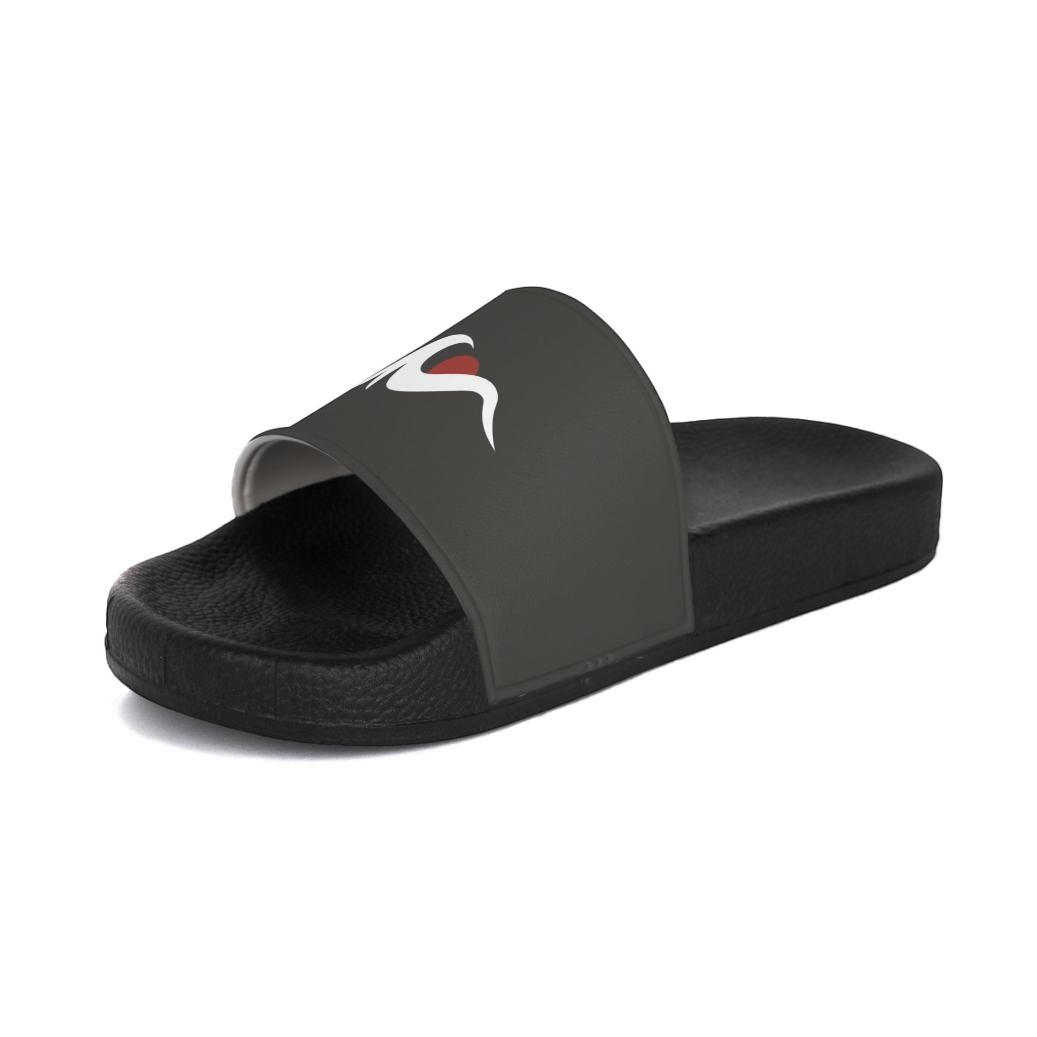 Redcastaway dark grey PVC slides with white and red logo on strap and black sole. Comfortable, quick-drying, and easy to clean.