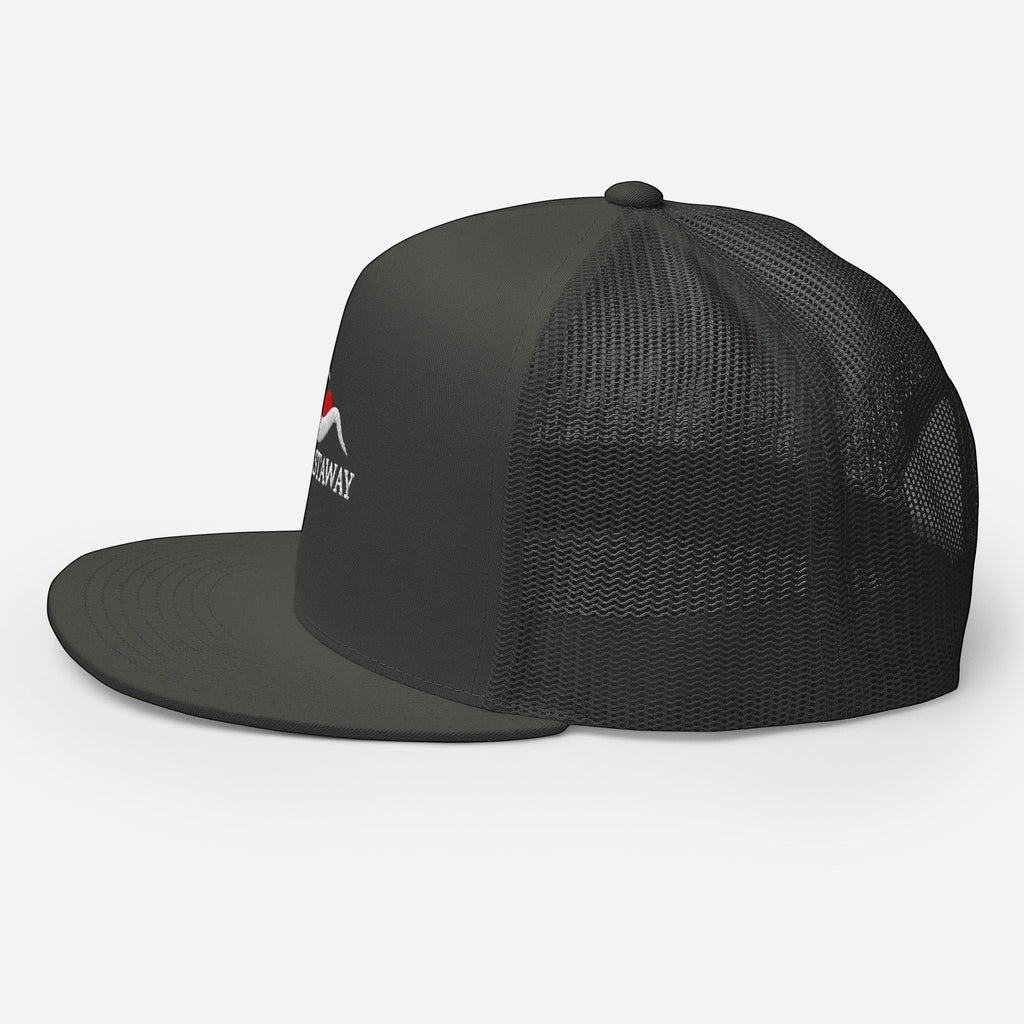 Redcastaway dark grey trucker cap with flat bill and mesh back. Features embroidered logo on front.