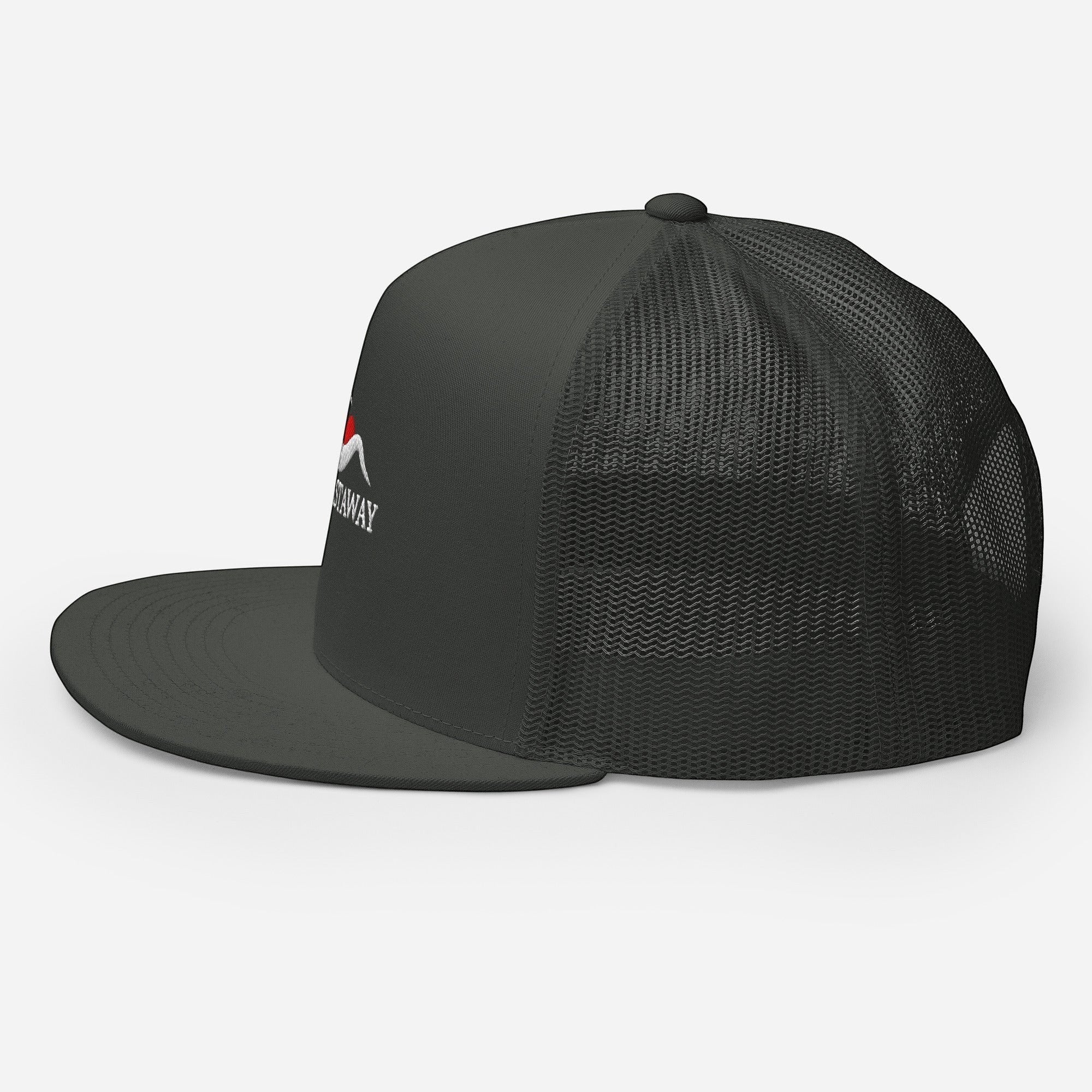 Redcastaway dark grey trucker cap with flat bill and mesh back. Features embroidered logo on front.