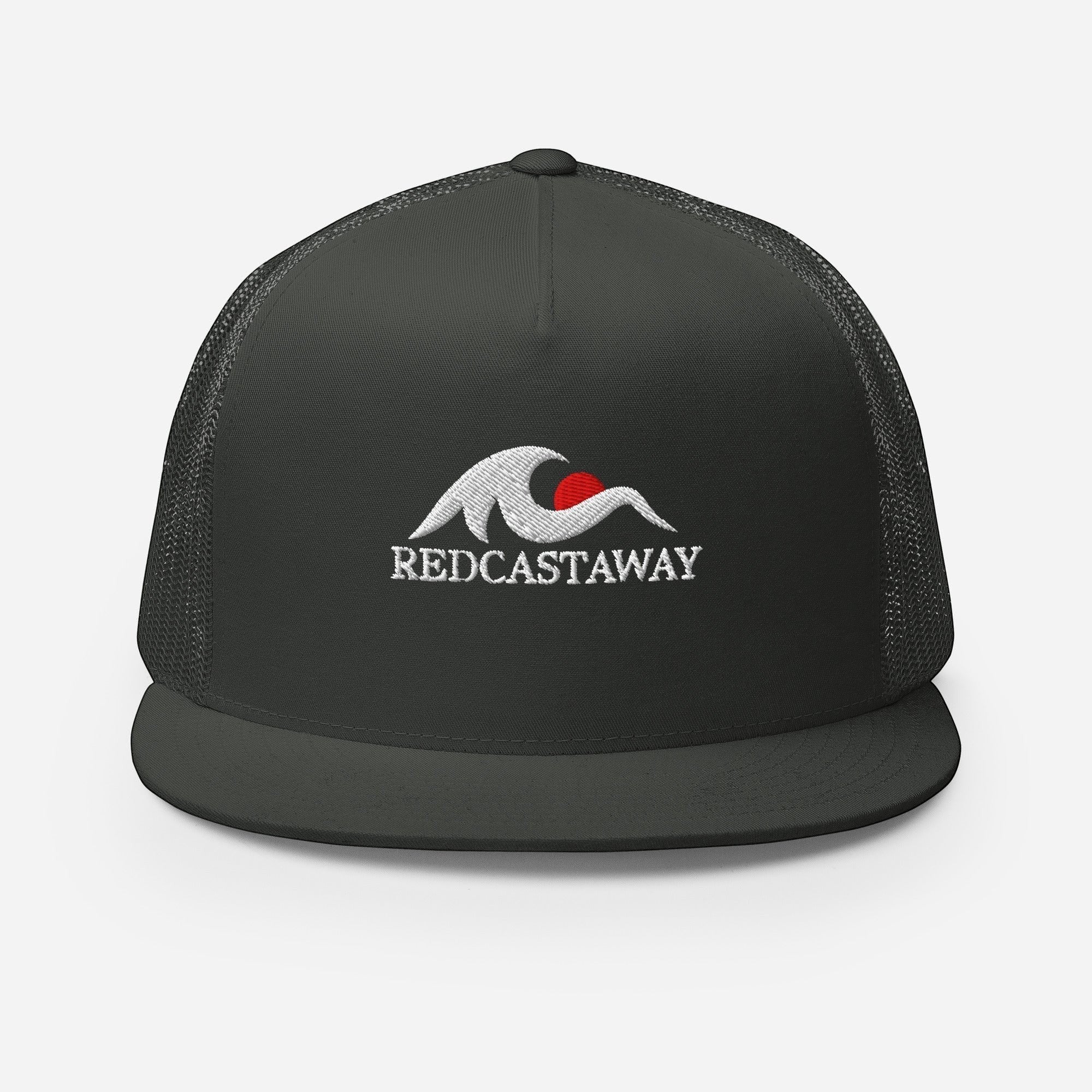 Redcastaway dark grey trucker cap with embroidered wave and sun logo and snapback closure.