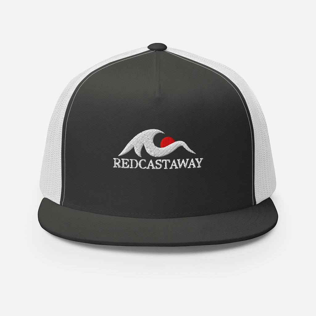 Redcastaway trucker cap with white mesh back, dark grey front panel, flat bill, and embroidered wave logo with red sun. Cotton, nylon, polyester blend.