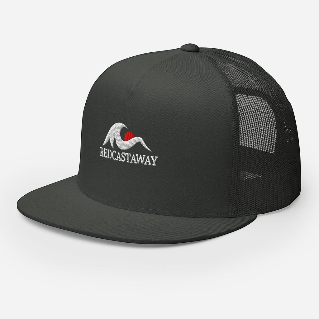 Redcastaway dark grey trucker cap with flat bill, mesh back, and embroidered logo. Cotton, nylon, polyester blend.