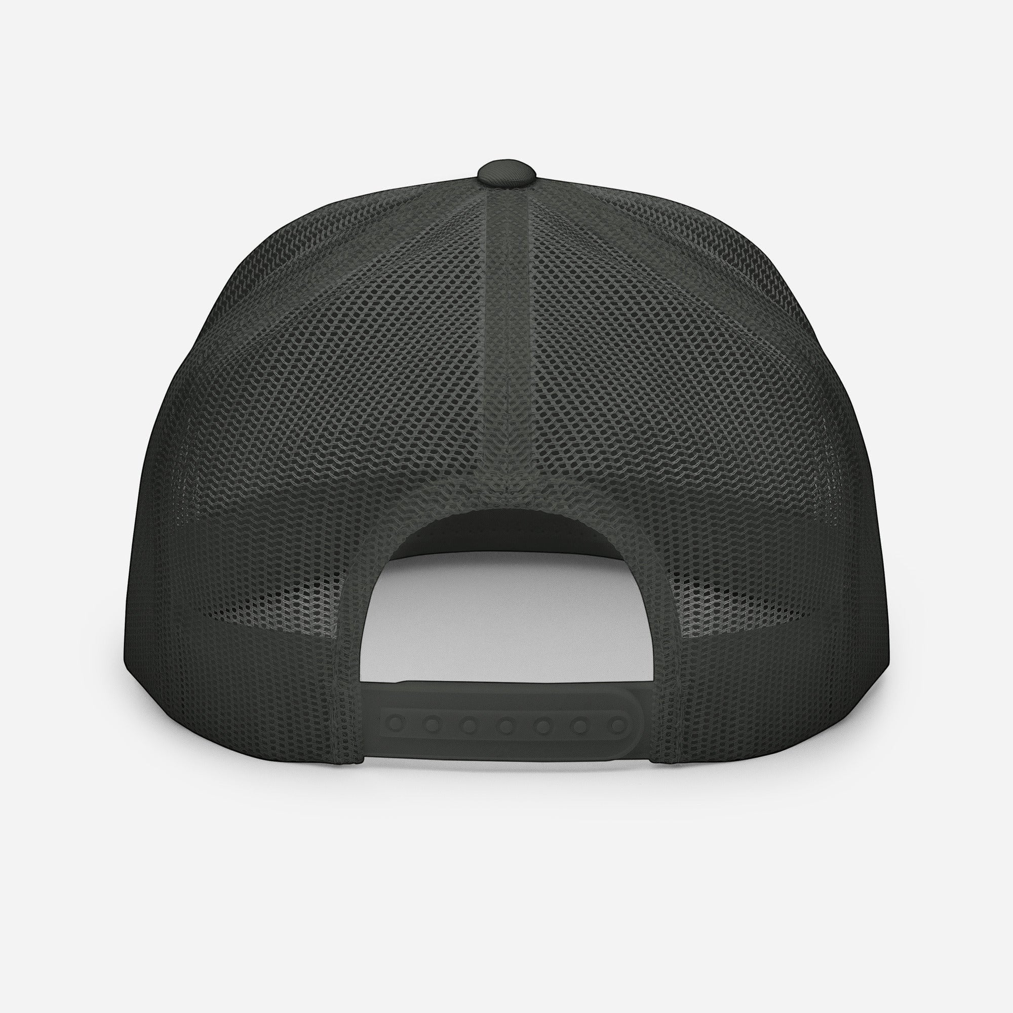 Redcastaway Drift Trucker Cap in dark grey with breathable mesh back and adjustable snapback closure.