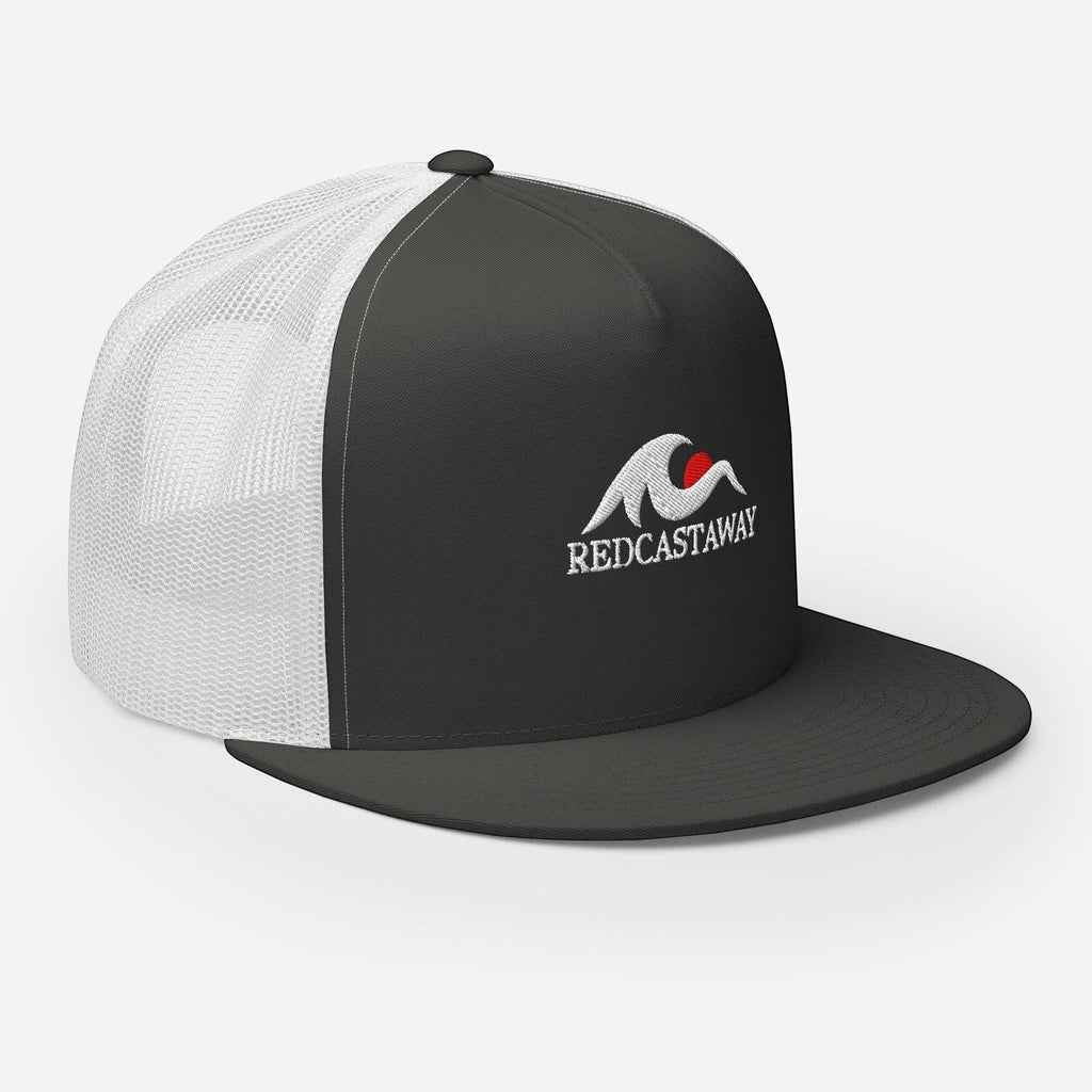 Redcastaway trucker cap with white mesh back, dark grey front panel, flat bill, and embroidered logo. Cotton, nylon, polyester blend.