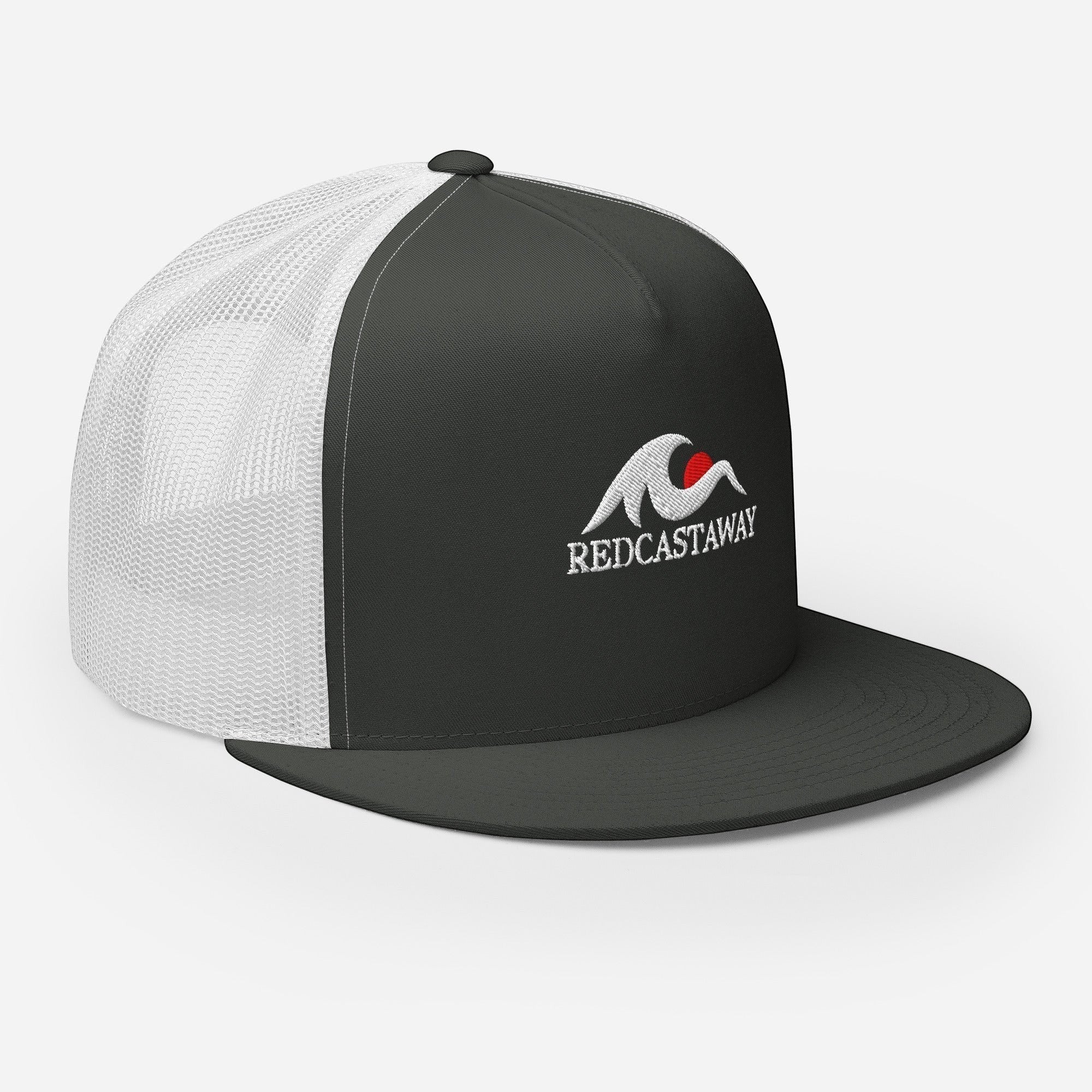 Redcastaway trucker cap with white mesh back, dark grey front panel, flat bill, and embroidered logo. Cotton, nylon, polyester blend.