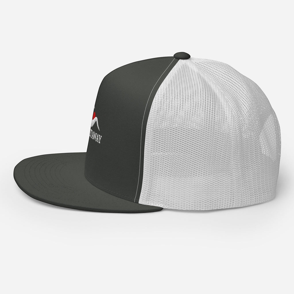 Redcastaway dark grey and white trucker cap with flat bill and snapback closure. Features embroidered logo.